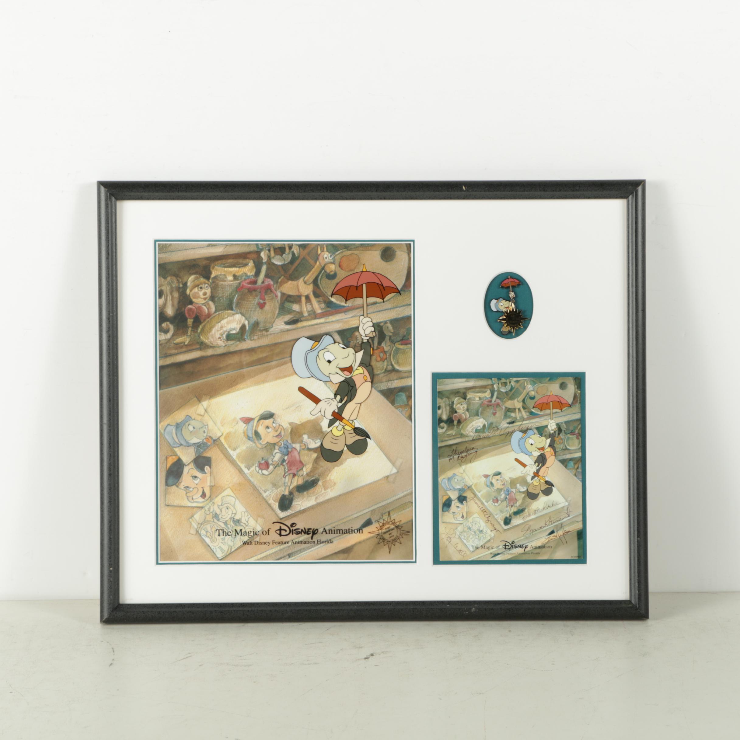 Disney Sericel of Pinocchio Characters with Autograph Card and Pin