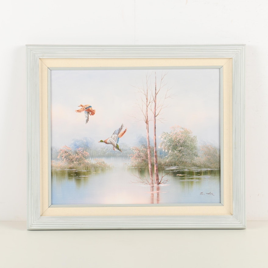 E. Max Oil Painting of Ducks Flying Over Water