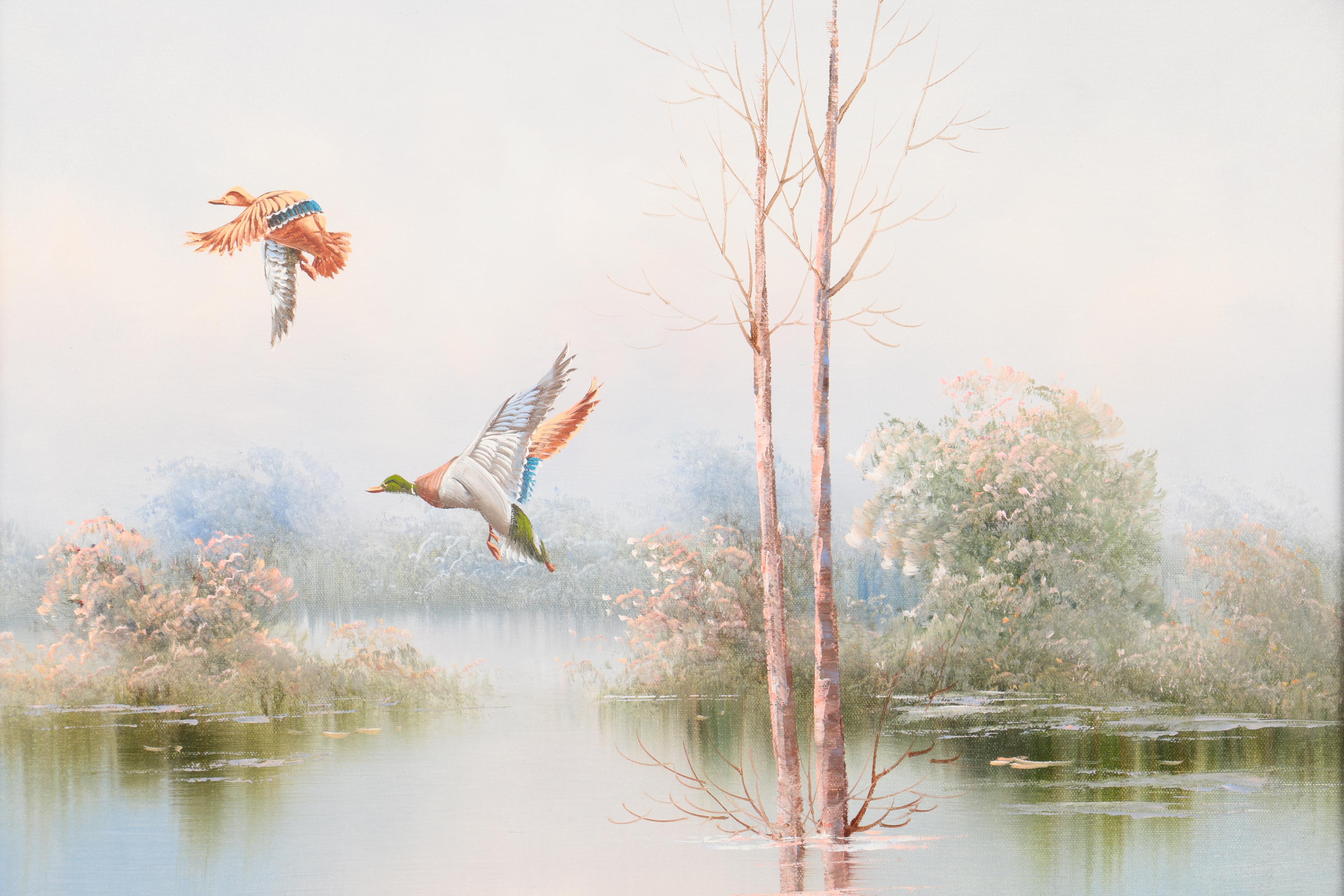 E. Max Oil Painting of Ducks Flying Over Water