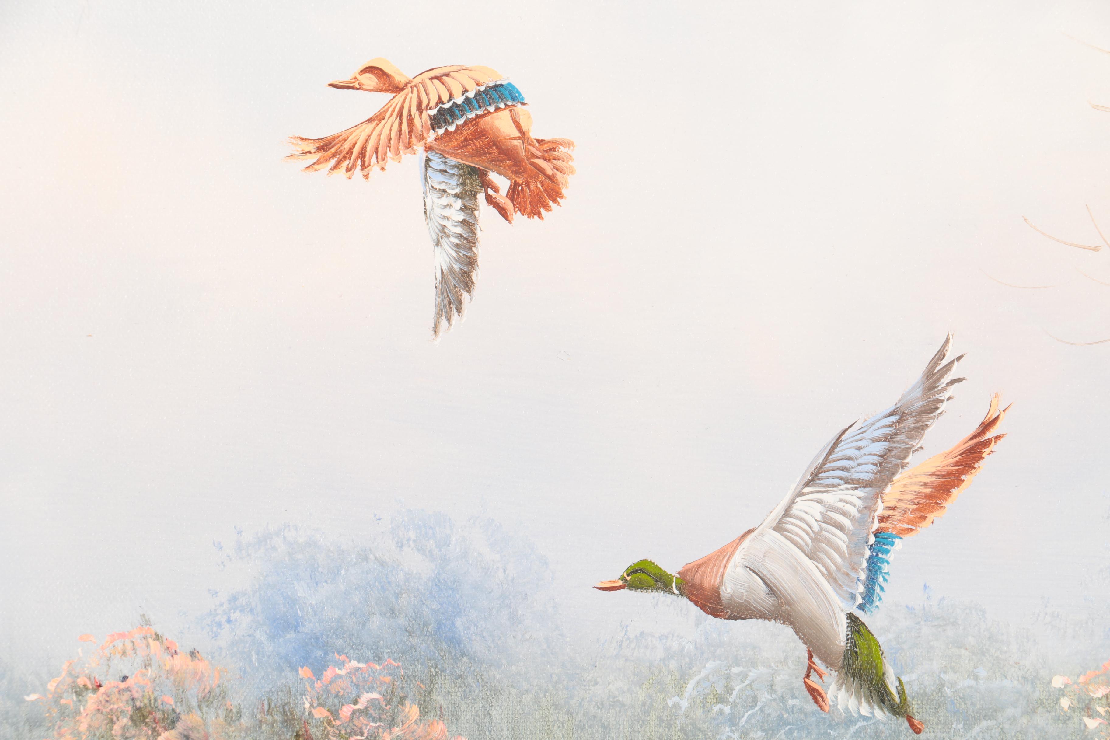 E. Max Oil Painting of Ducks Flying Over Water