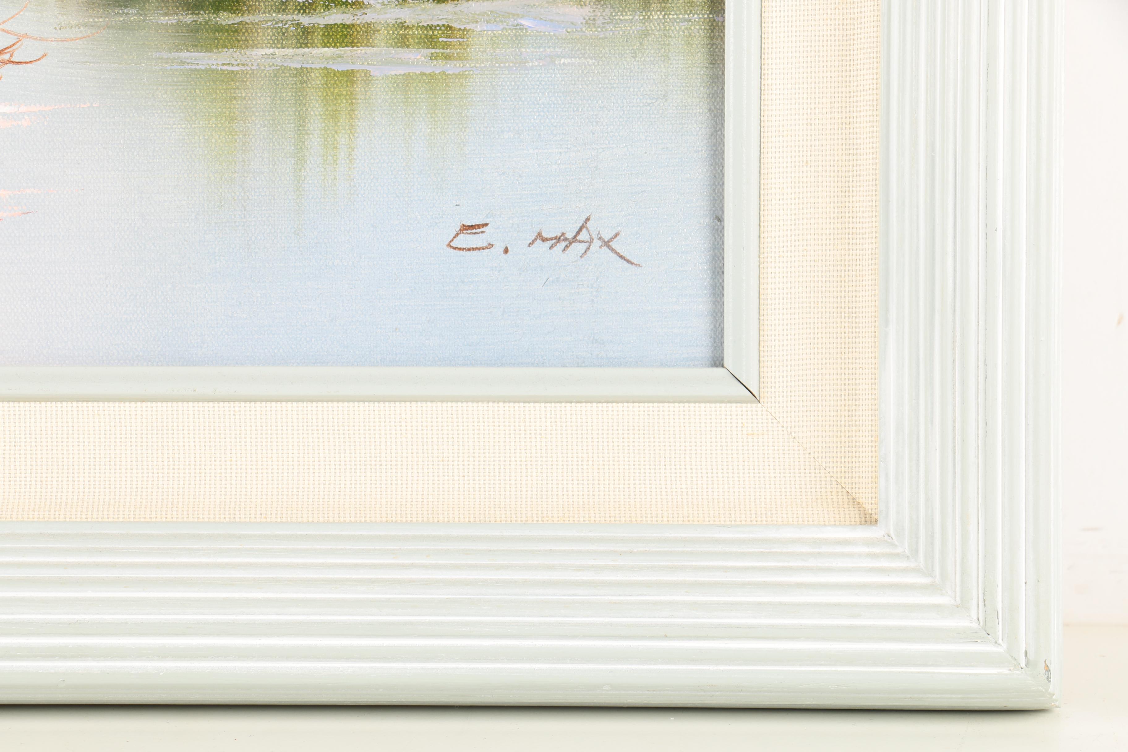 E. Max Oil Painting of Ducks Flying Over Water