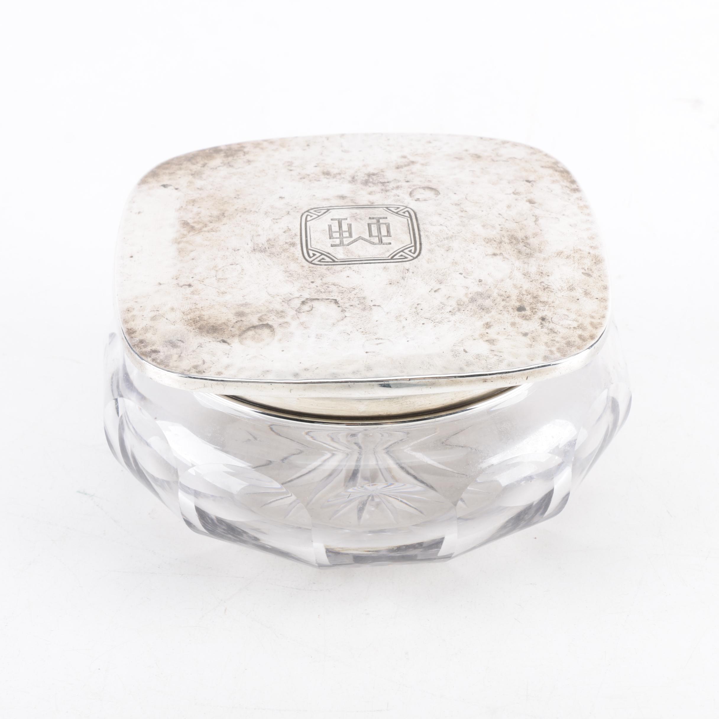 Vintage Crystal Jar with Monogrammed Sterling Silver Lid