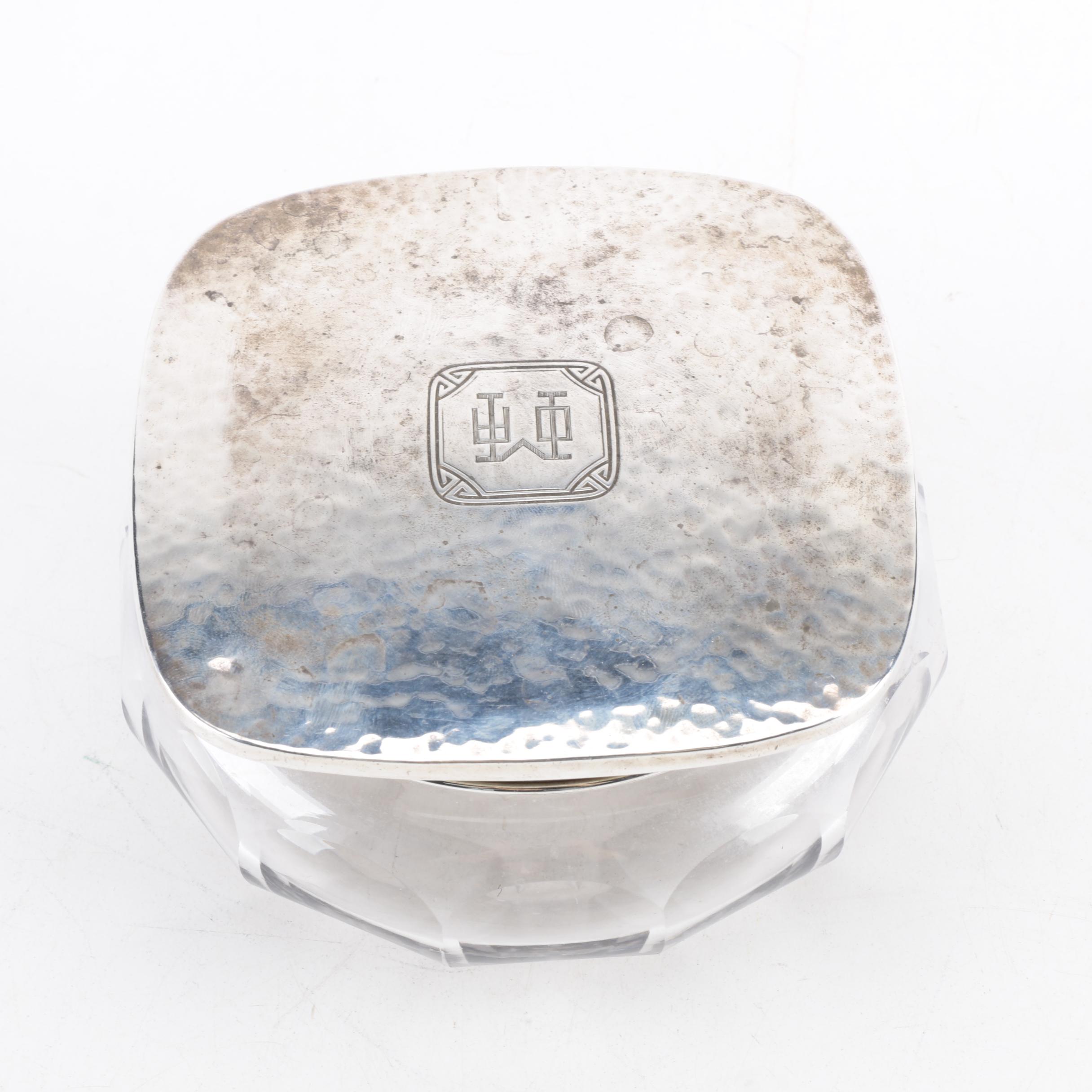 Vintage Crystal Jar with Monogrammed Sterling Silver Lid