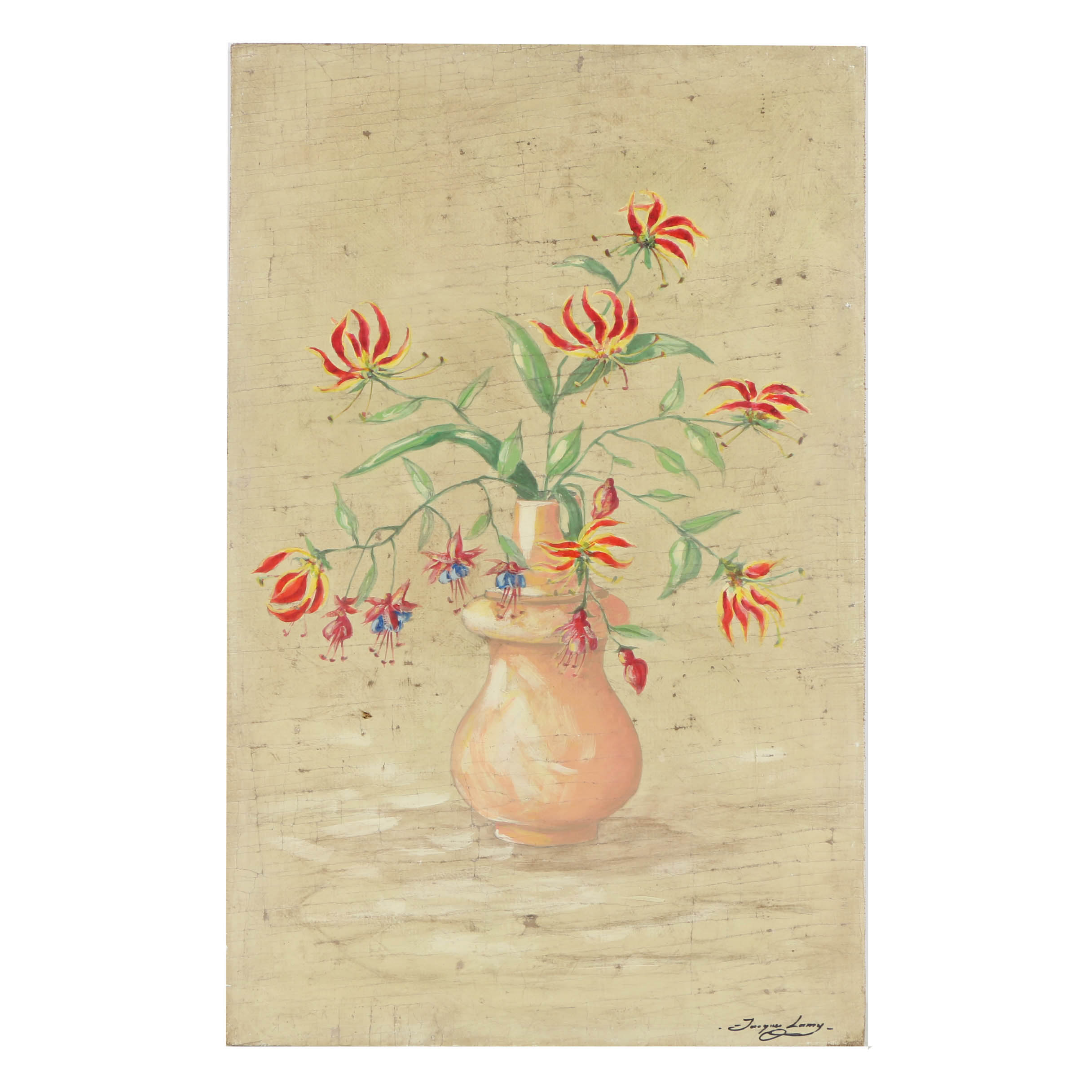 Jacques Lamy Fresco Painting on Burlap Floral Still Life