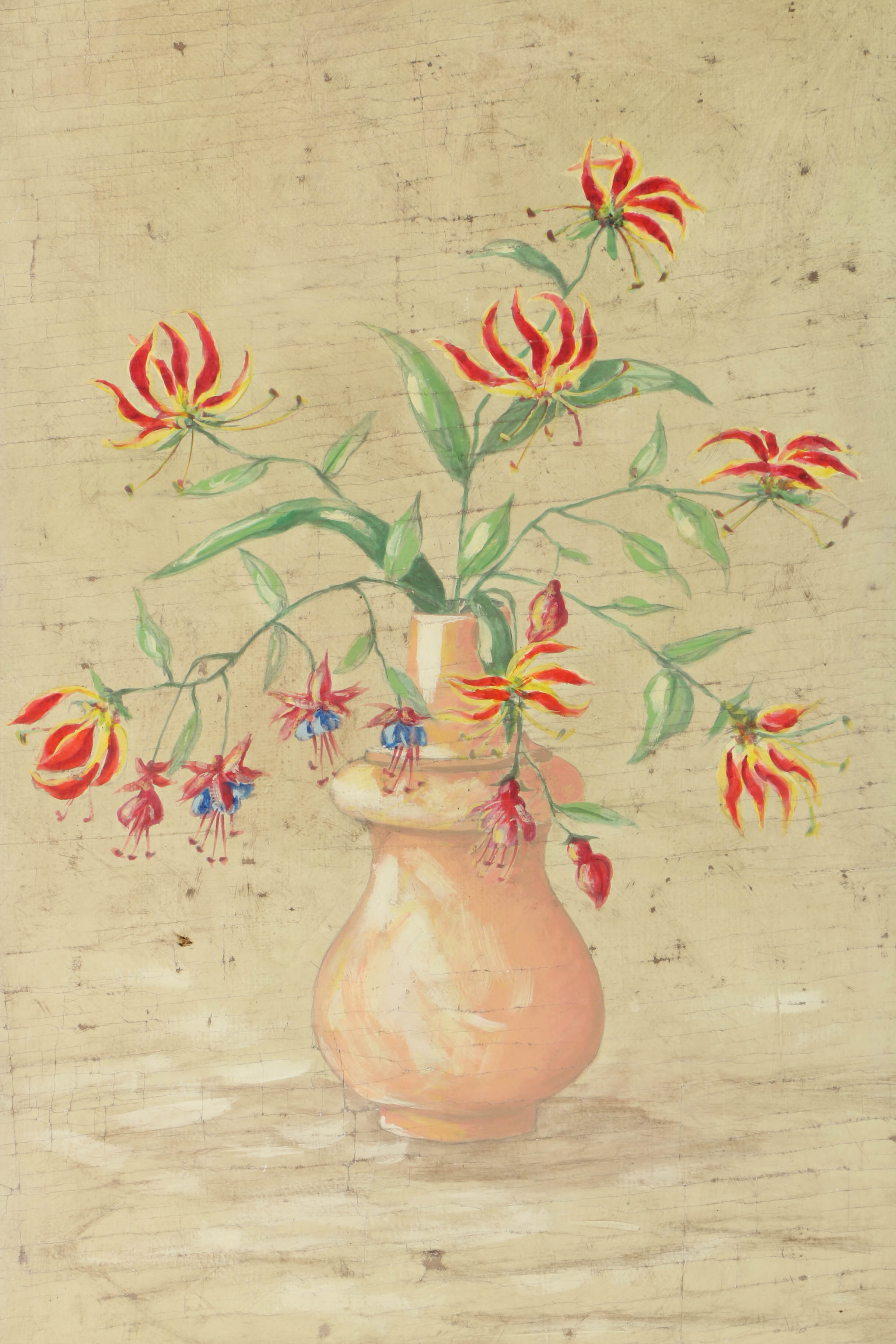 Jacques Lamy Fresco Painting on Burlap Floral Still Life