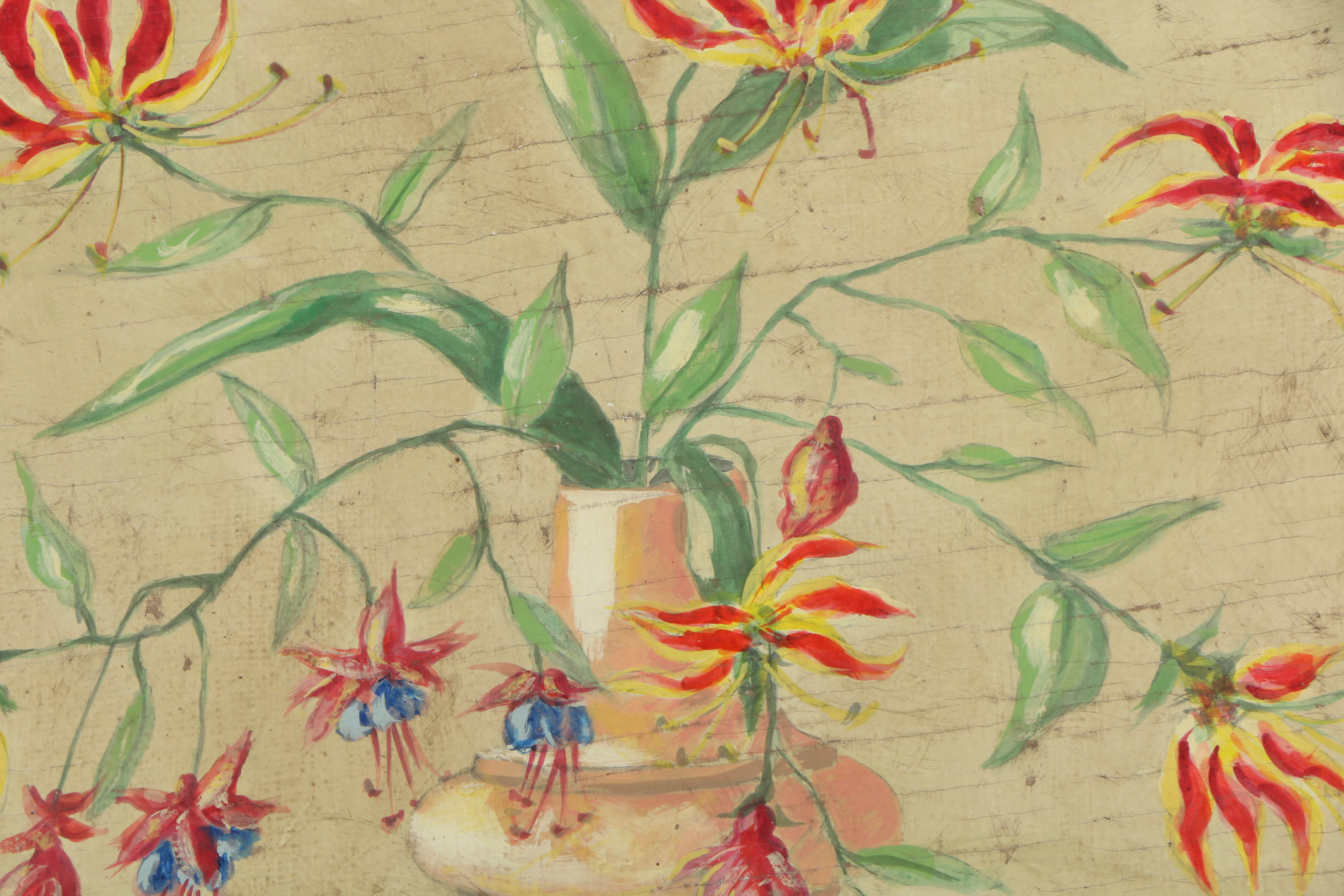 Jacques Lamy Fresco Painting on Burlap Floral Still Life