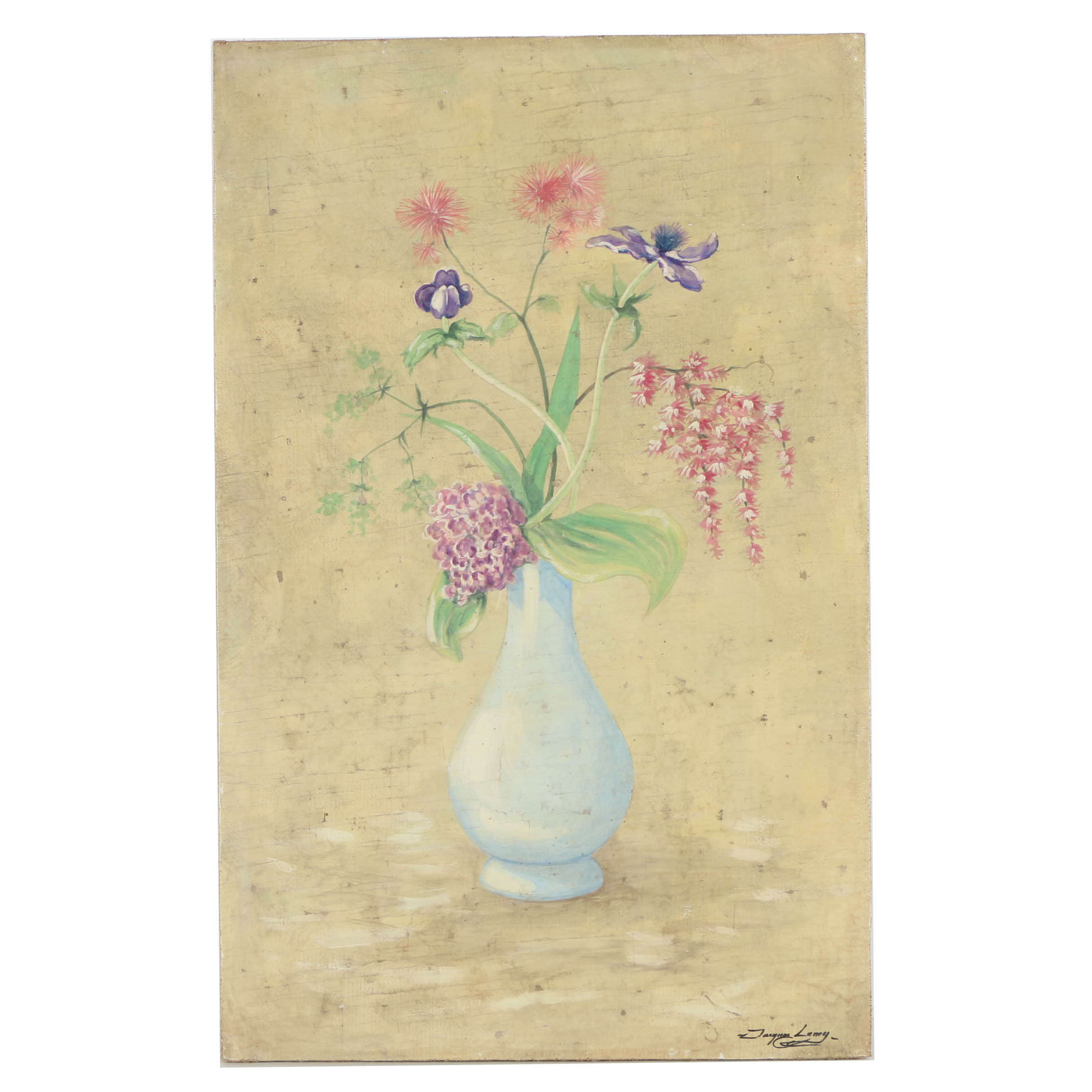 Jacques Lamy Fresco Painting on Burlap of Floral Still Life