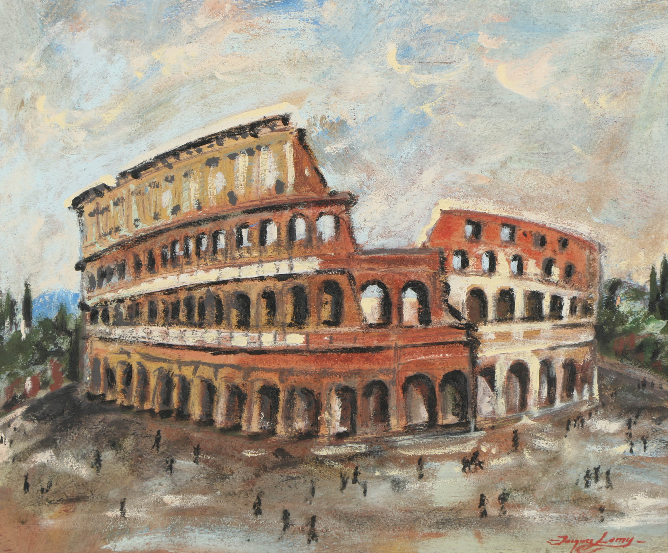 Jacques Lamy Plaster Painting on Board "Rome - The Colosseum"