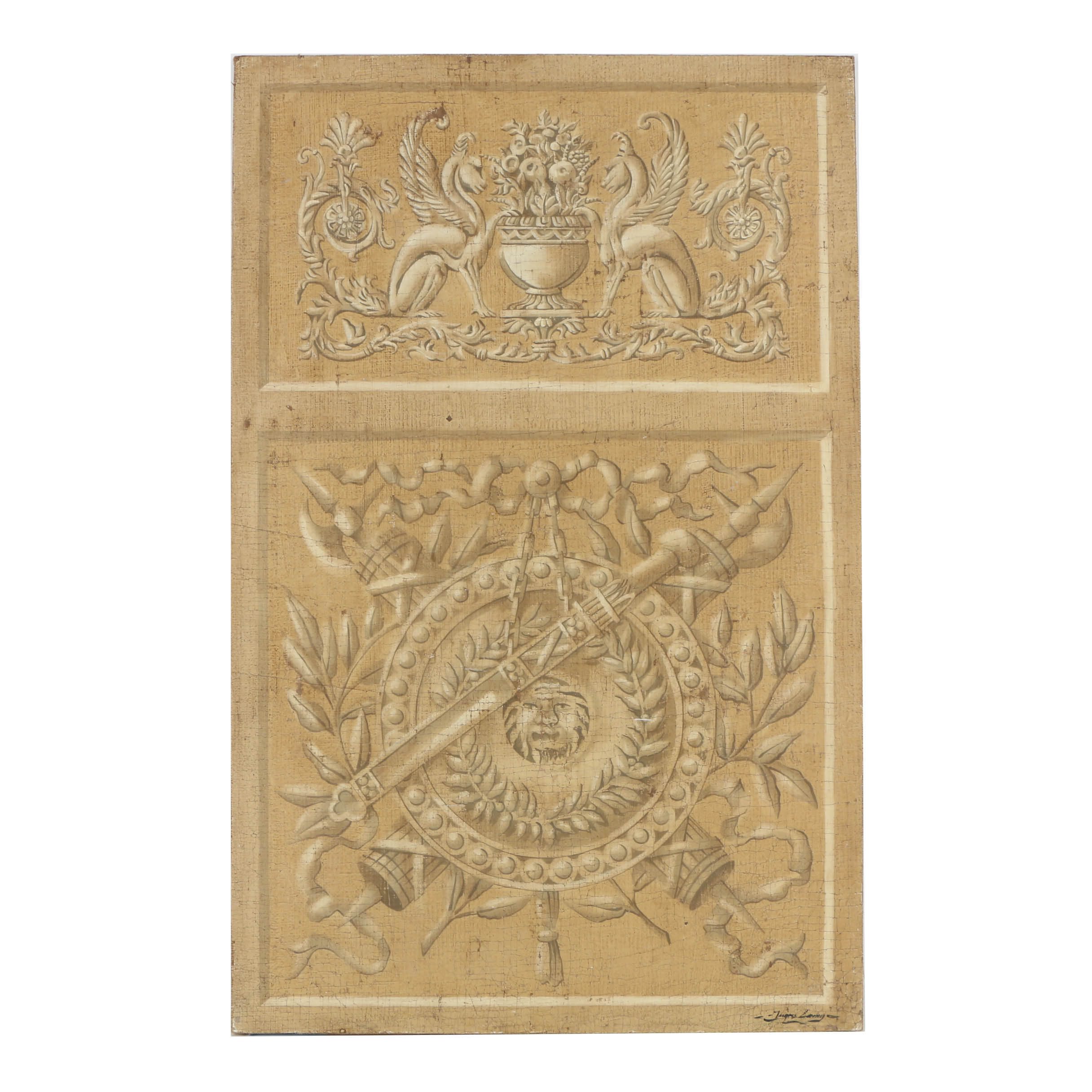 Jacques Lemy Fresco Painting on Burlap “Sphinx & Shield”