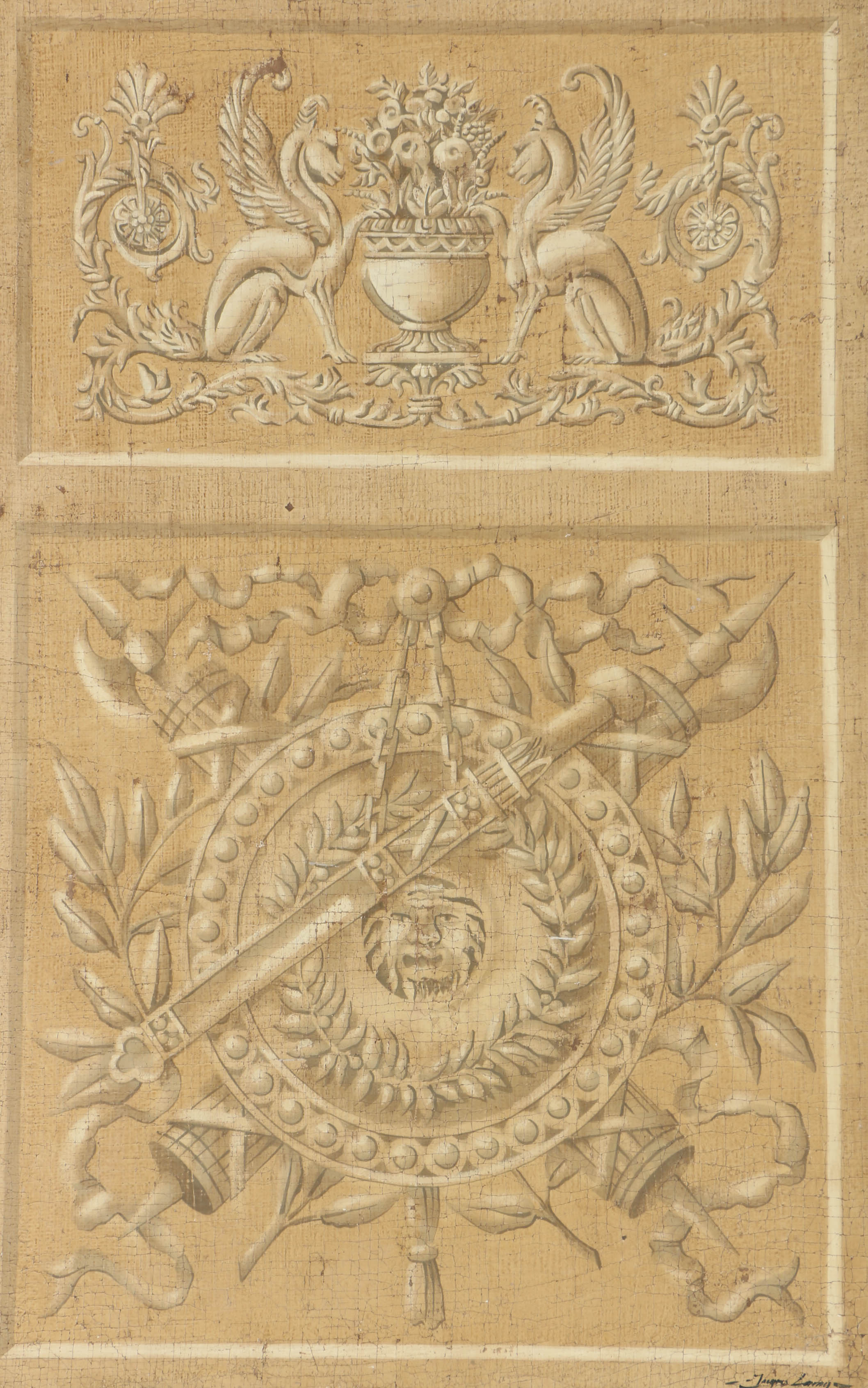 Jacques Lemy Fresco Painting on Burlap “Sphinx & Shield”