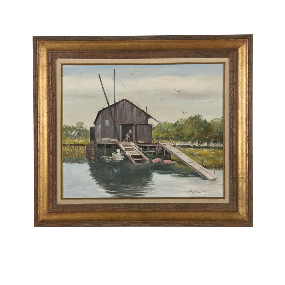 Charles Kinghan Oil Painting on Canvas Dock Scene