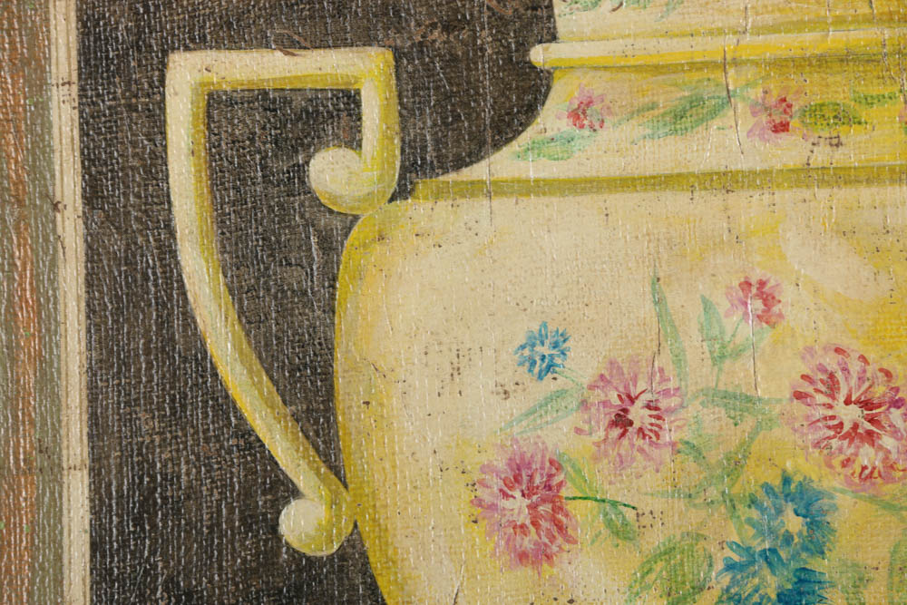 Jacques Lemy Fresco Painting on Burlap of Handled Vase