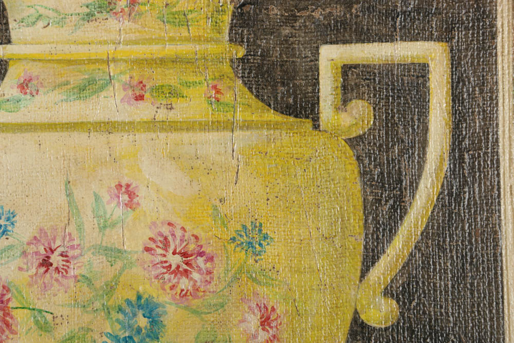 Jacques Lemy Fresco Painting on Burlap of Handled Vase