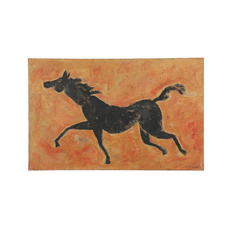 Jacques Lamy Fresco Painting on Burlap "Black Stallion"