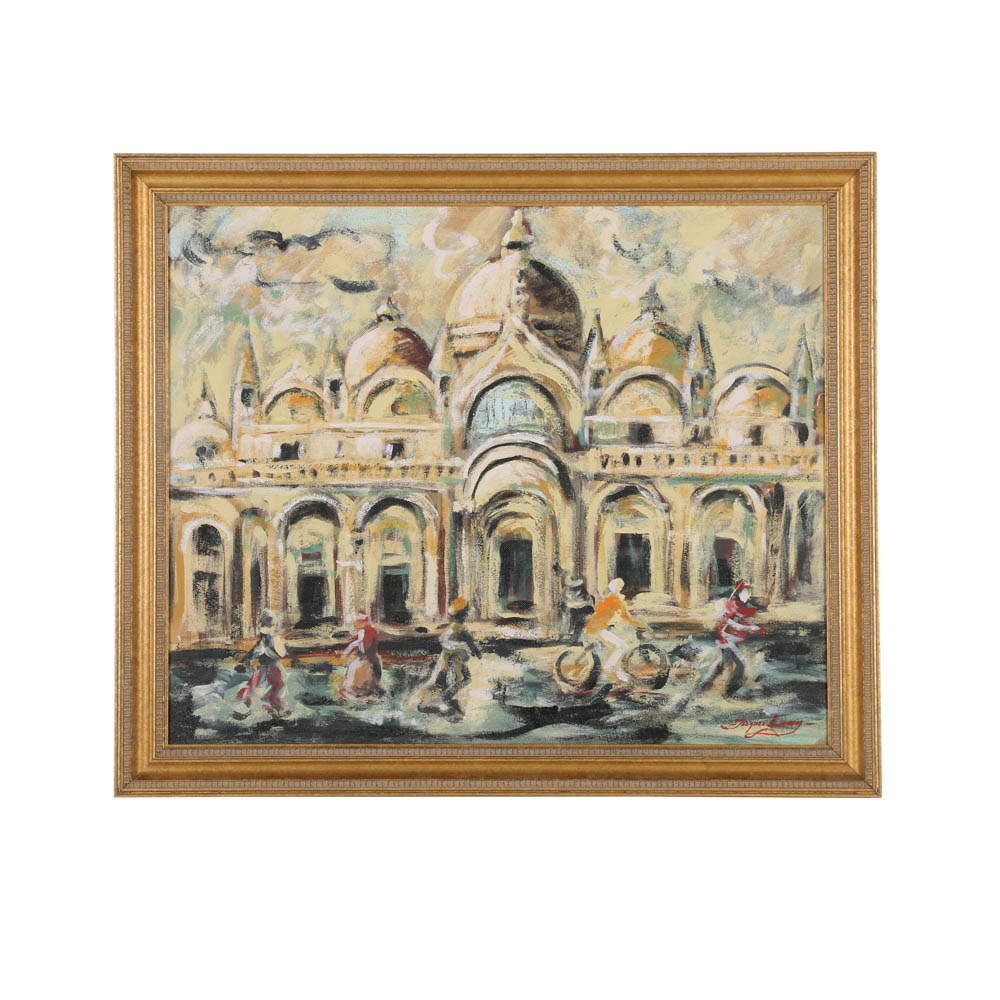 Jacques Lamy Plaster Painting on Board "San Marco Church"