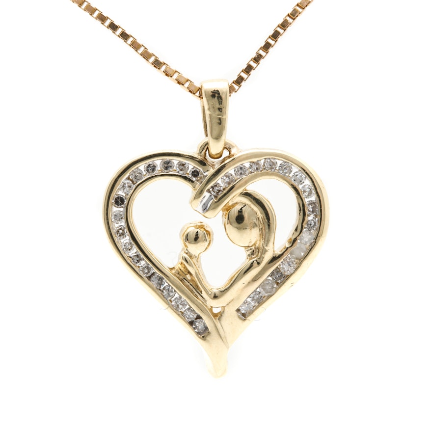 10K and 14K Yellow Gold Diamond Mother and Child Heart Pendant Necklace