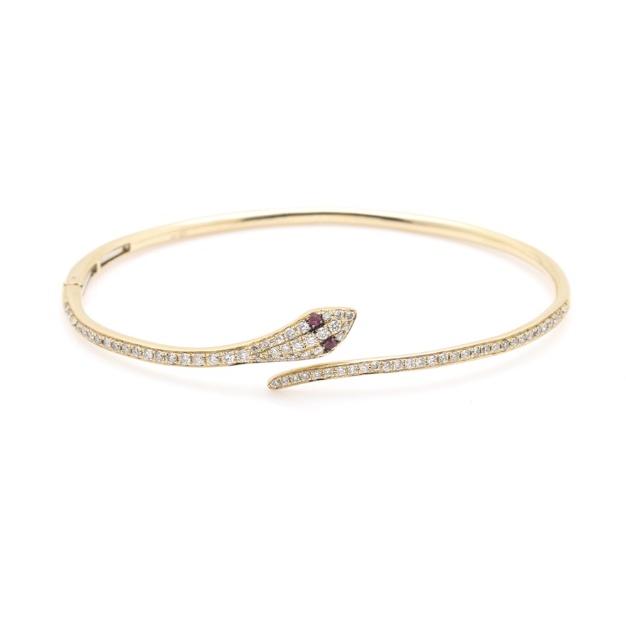 14K Yellow Gold Diamond and Ruby Snake Bangle Bracelet
