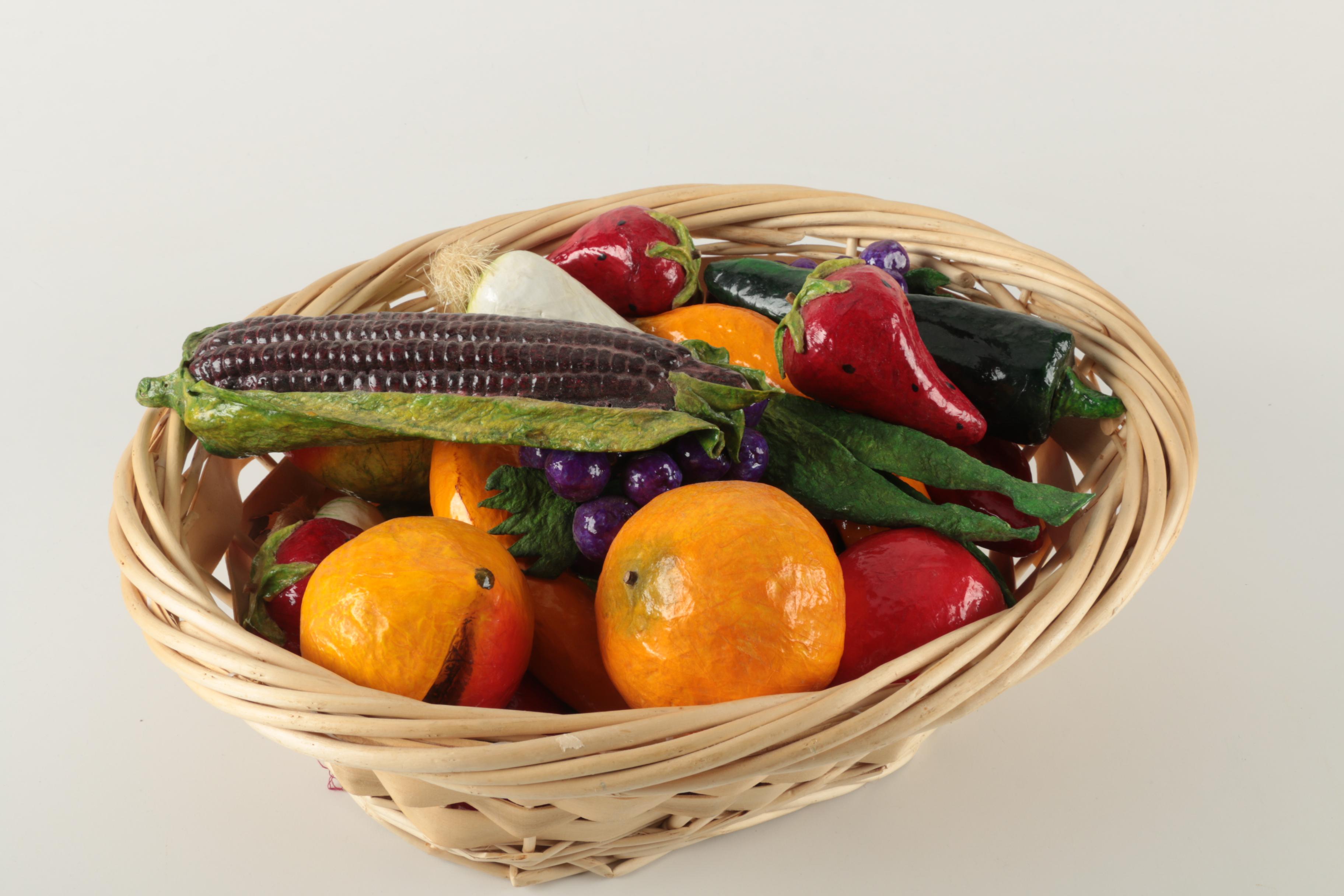 Papier Mache Fruits and Vegetables with Basket