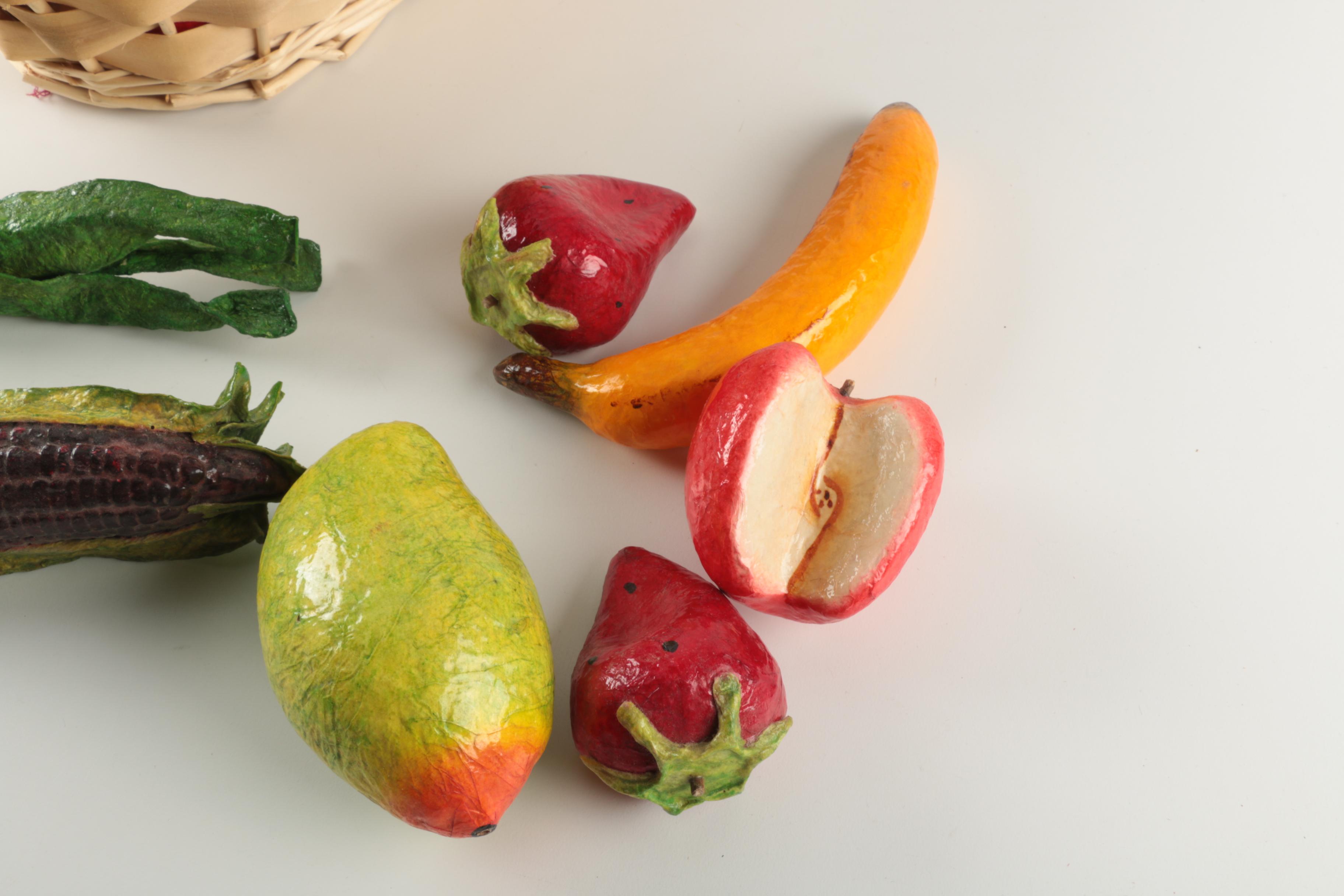 Papier Mache Fruits and Vegetables with Basket