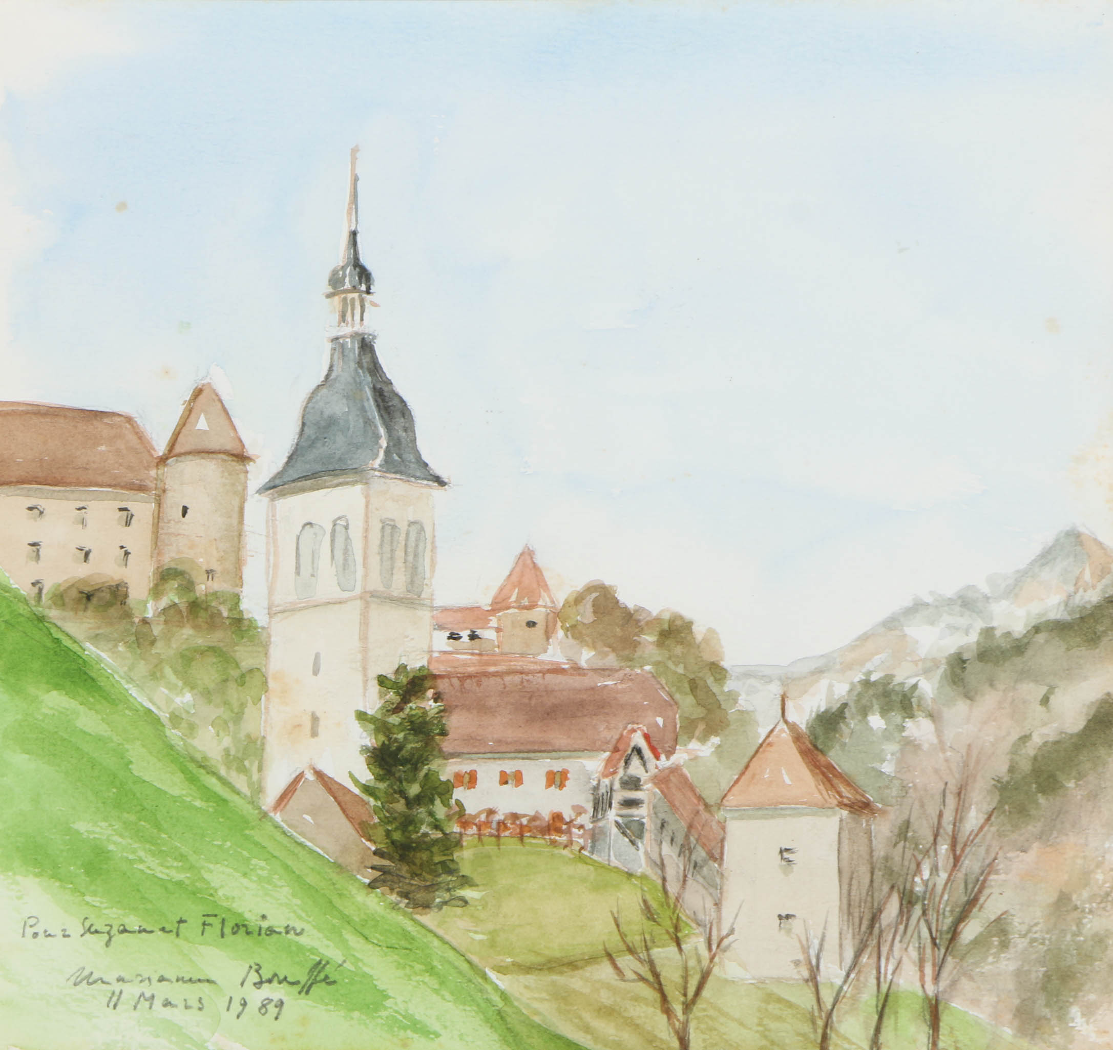 Mariam Bruffé 1989 Watercolor Painting on Paper of European Village Landscape