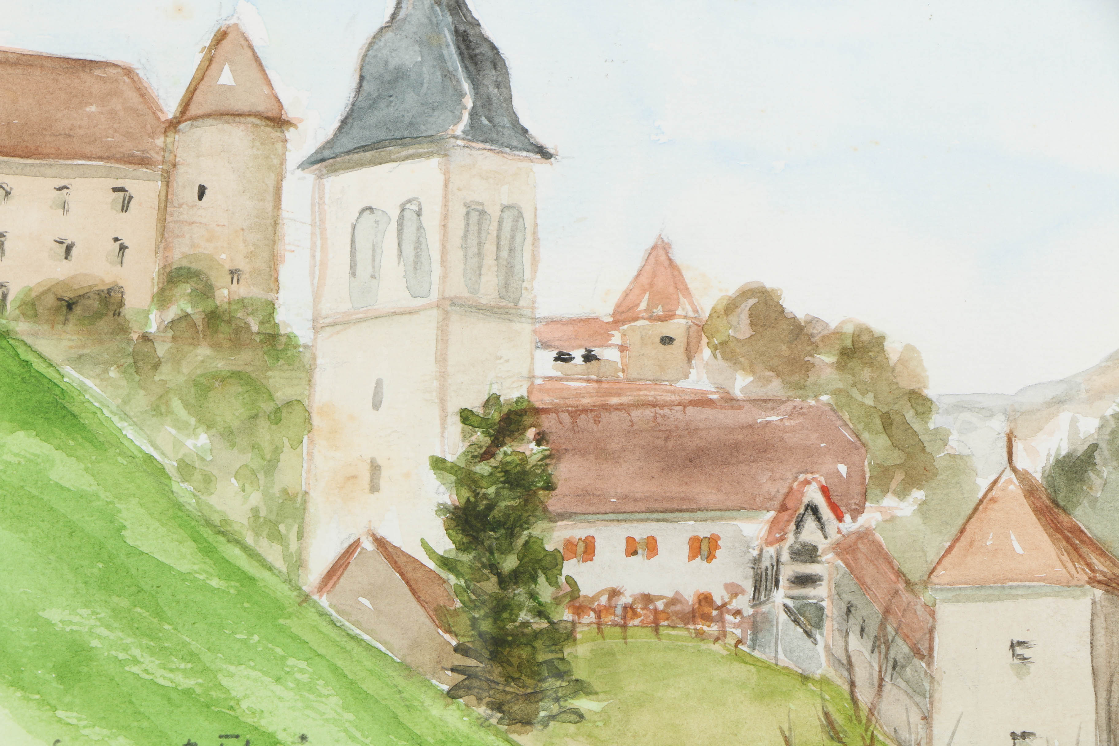 Mariam Bruffé 1989 Watercolor Painting on Paper of European Village Landscape