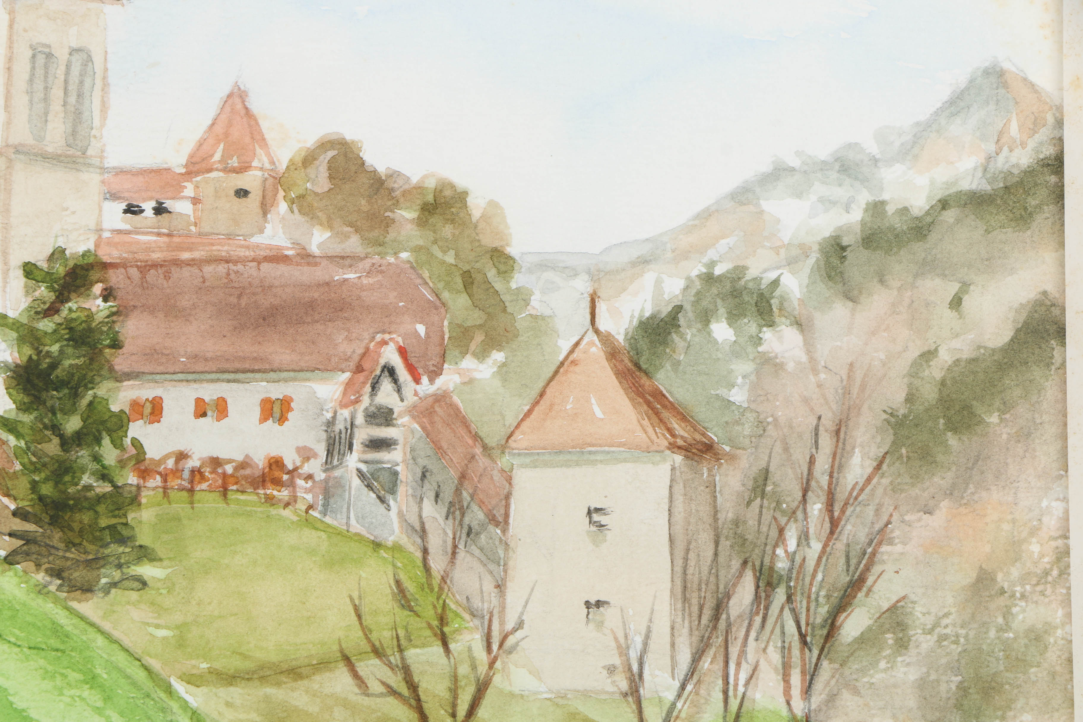 Mariam Bruffé 1989 Watercolor Painting on Paper of European Village Landscape