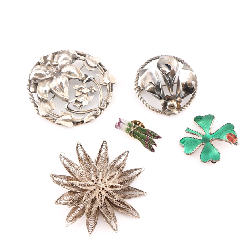 Assortment of Sterling Silver Brooches Including David Andersen and Raffaele