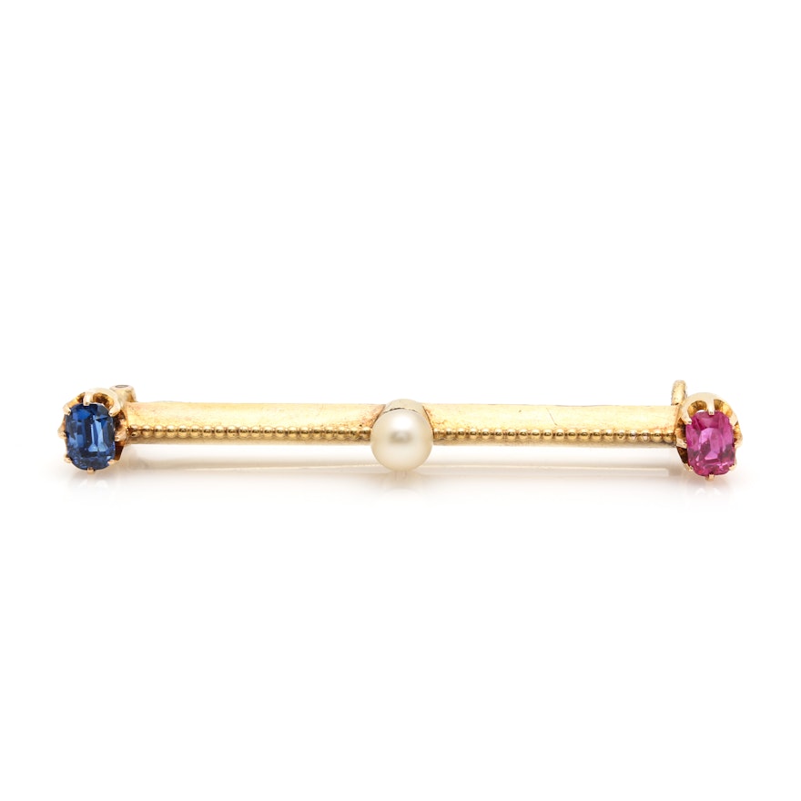 Antique 14K Yellow Gold Blue Sapphire, Cultured Pearl and Ruby Bar Brooch