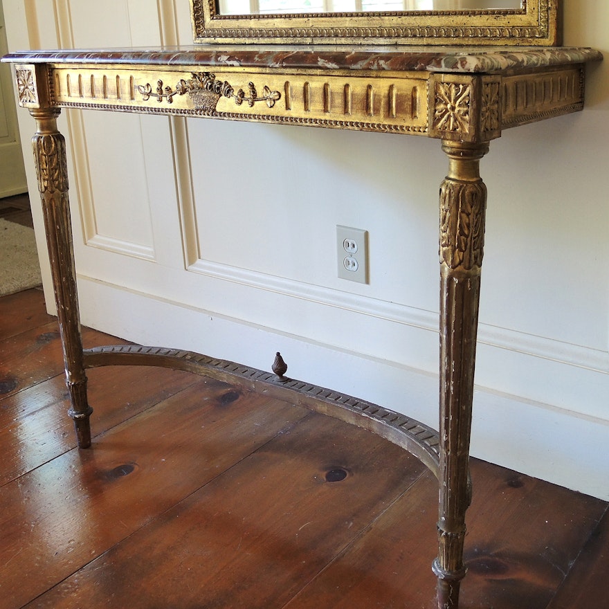 Louis XVI French Wall Mounted Console Table with Marble Top