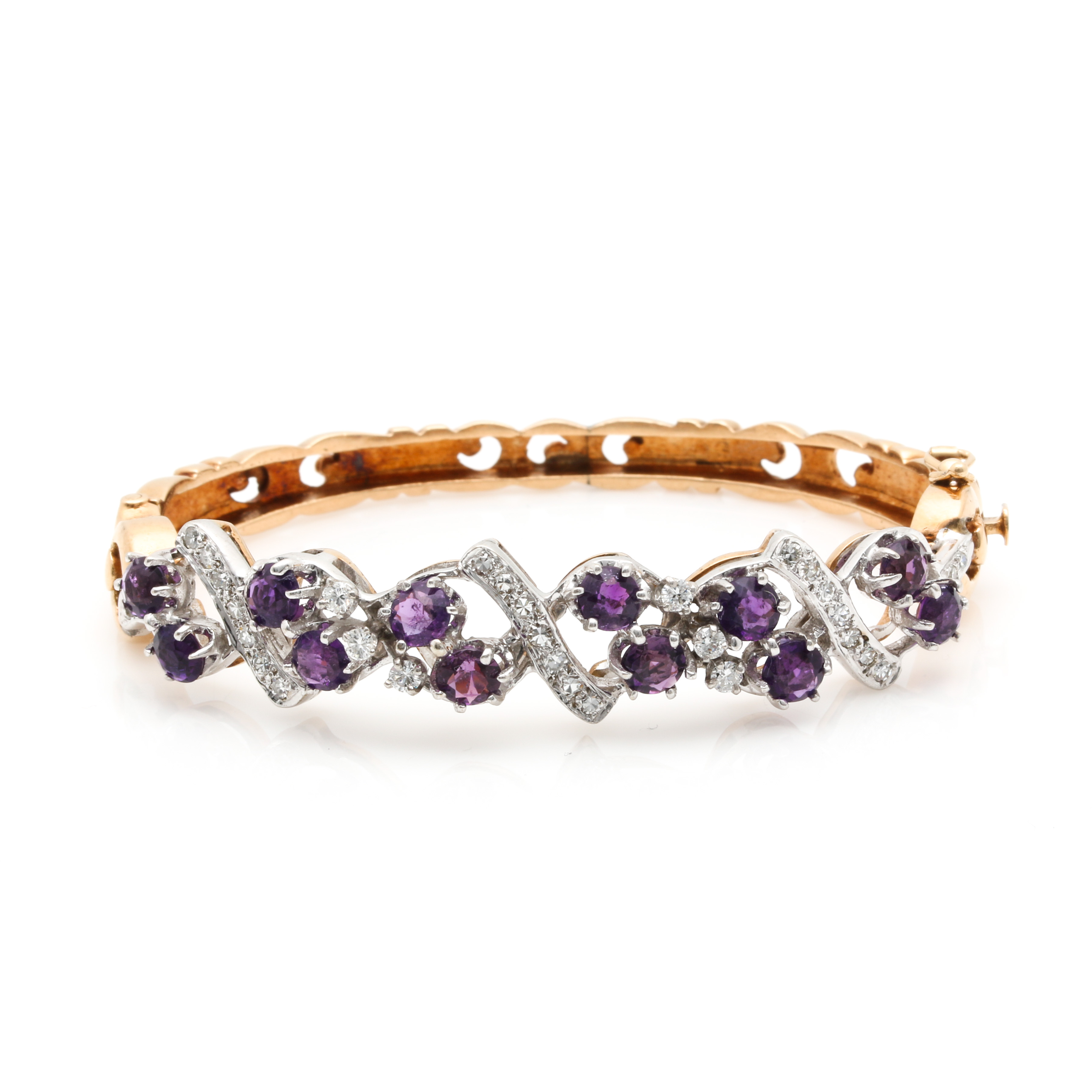 14K Bi-Color Hinged 3.50 CTW Amethyst and Diamond Bracelet