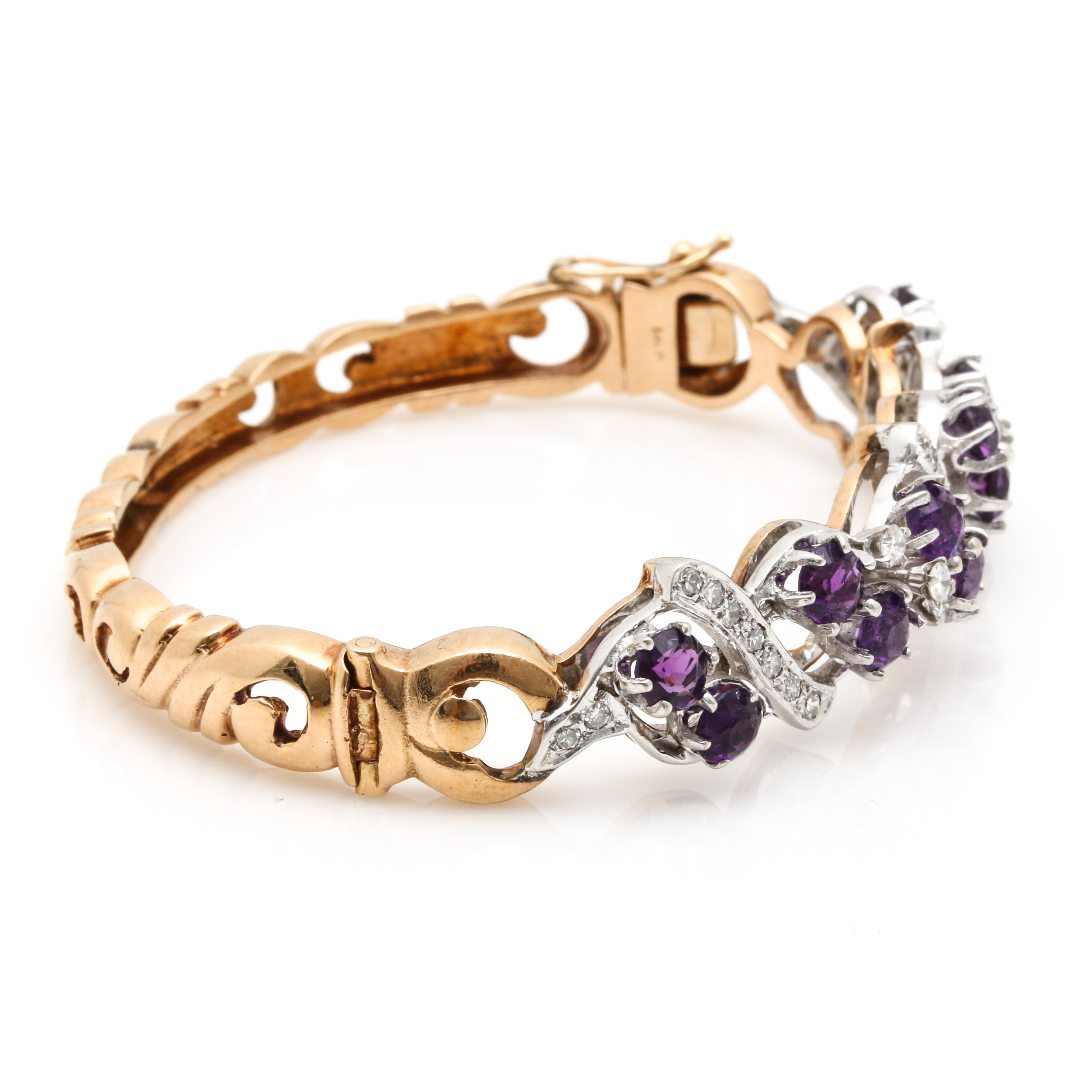 14K Bi-Color Hinged 3.50 CTW Amethyst and Diamond Bracelet