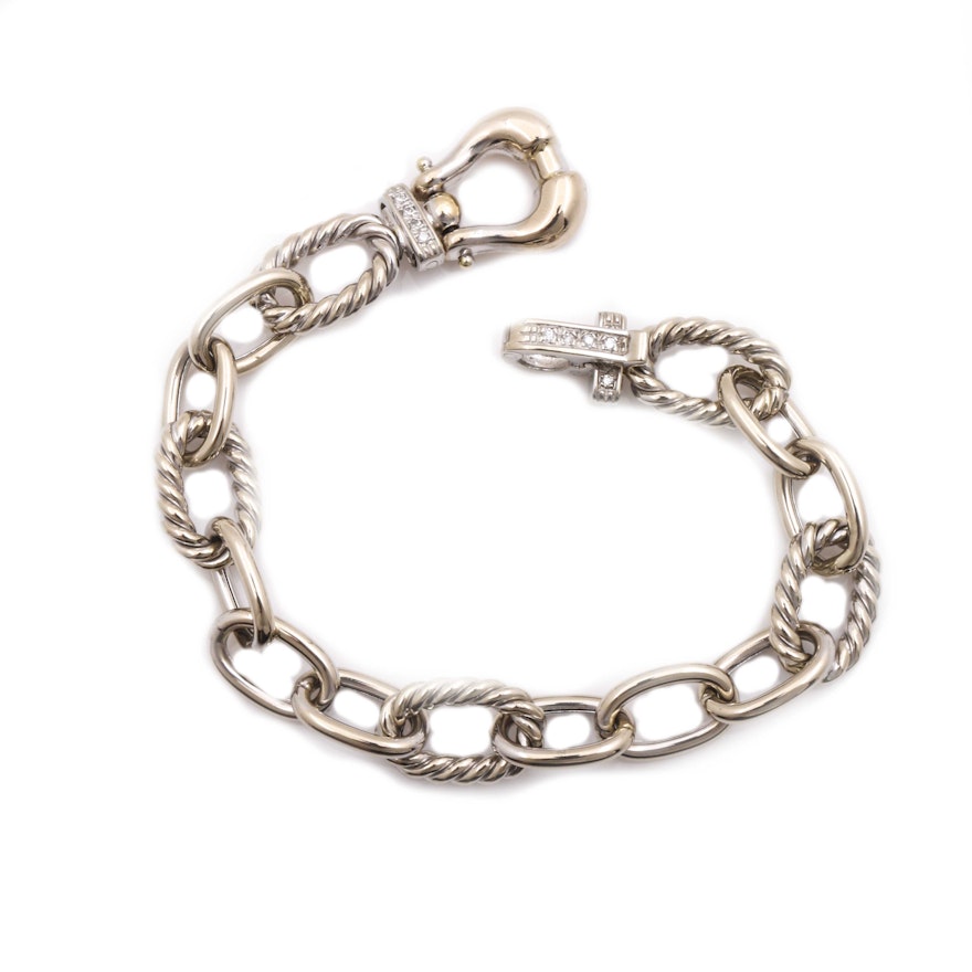 14K White Gold Oval Link Bracelet With Diamond Accents