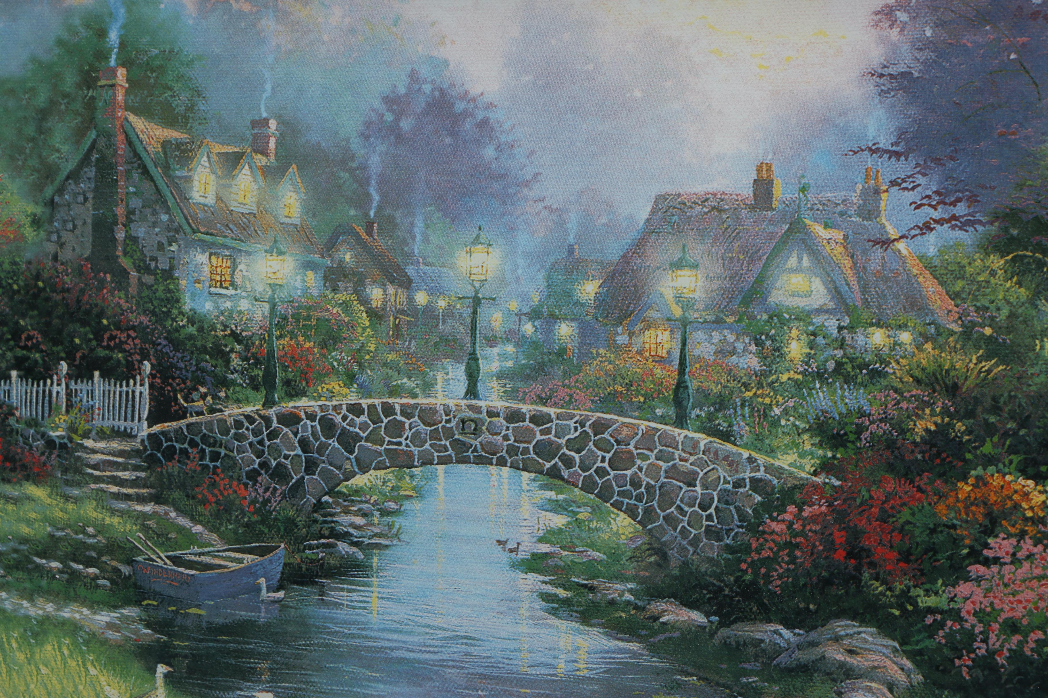 Illuminated "Lamplight Bridge" Reproduction Print after Thomas Kinkade