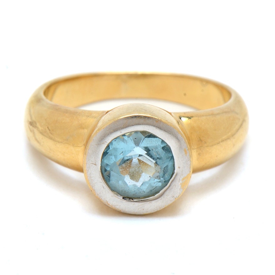 14K Yellow Gold Contemporary Ring With Blue Topaz  Solitaire
