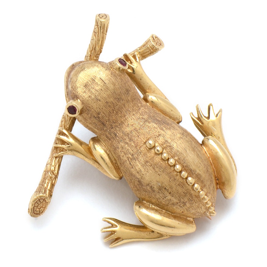 14K Yellow Gold Frog Brooch with Ruby Eyes