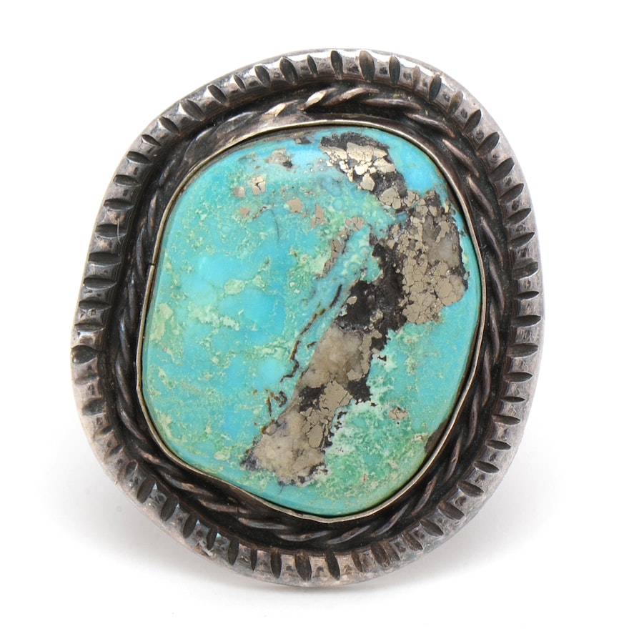 Native American Style Sterling Silver Ring with Large Turquoise Center Stone