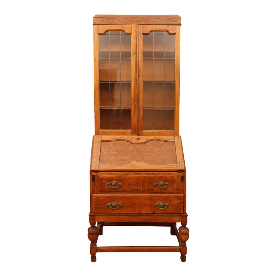 English Revival Style Oak Secretary Bookcase