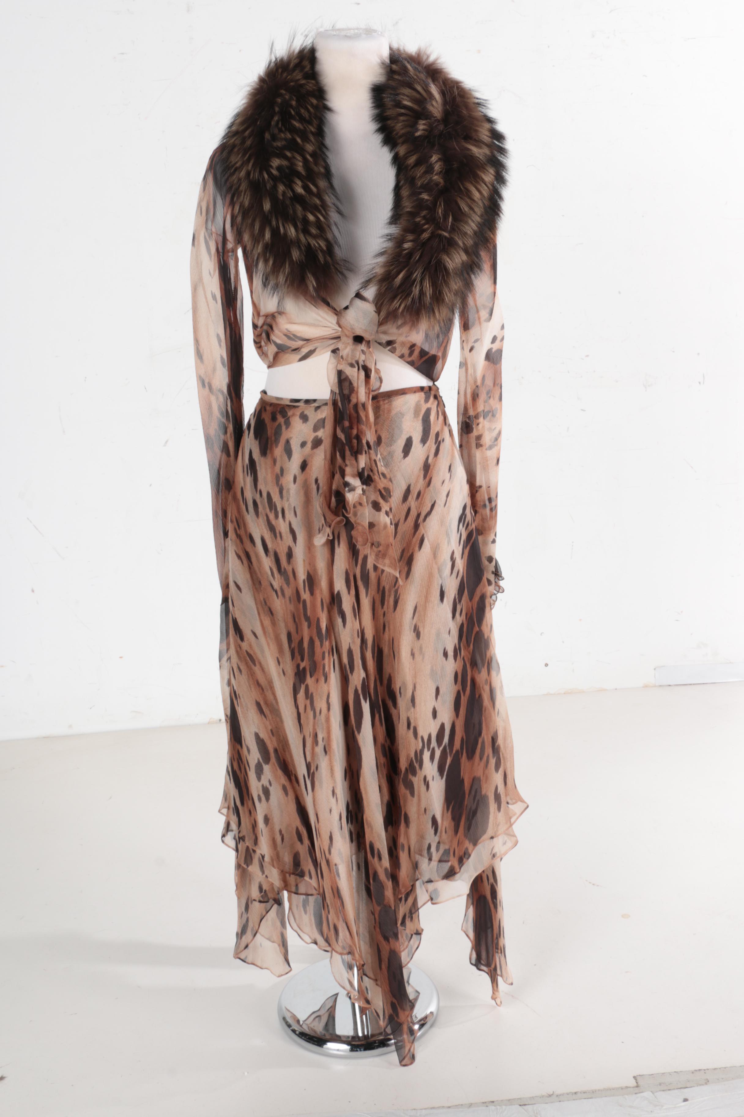 Jiki Monte Carlo Halter Top and Ensemble with a Raccoon Fur Collar
