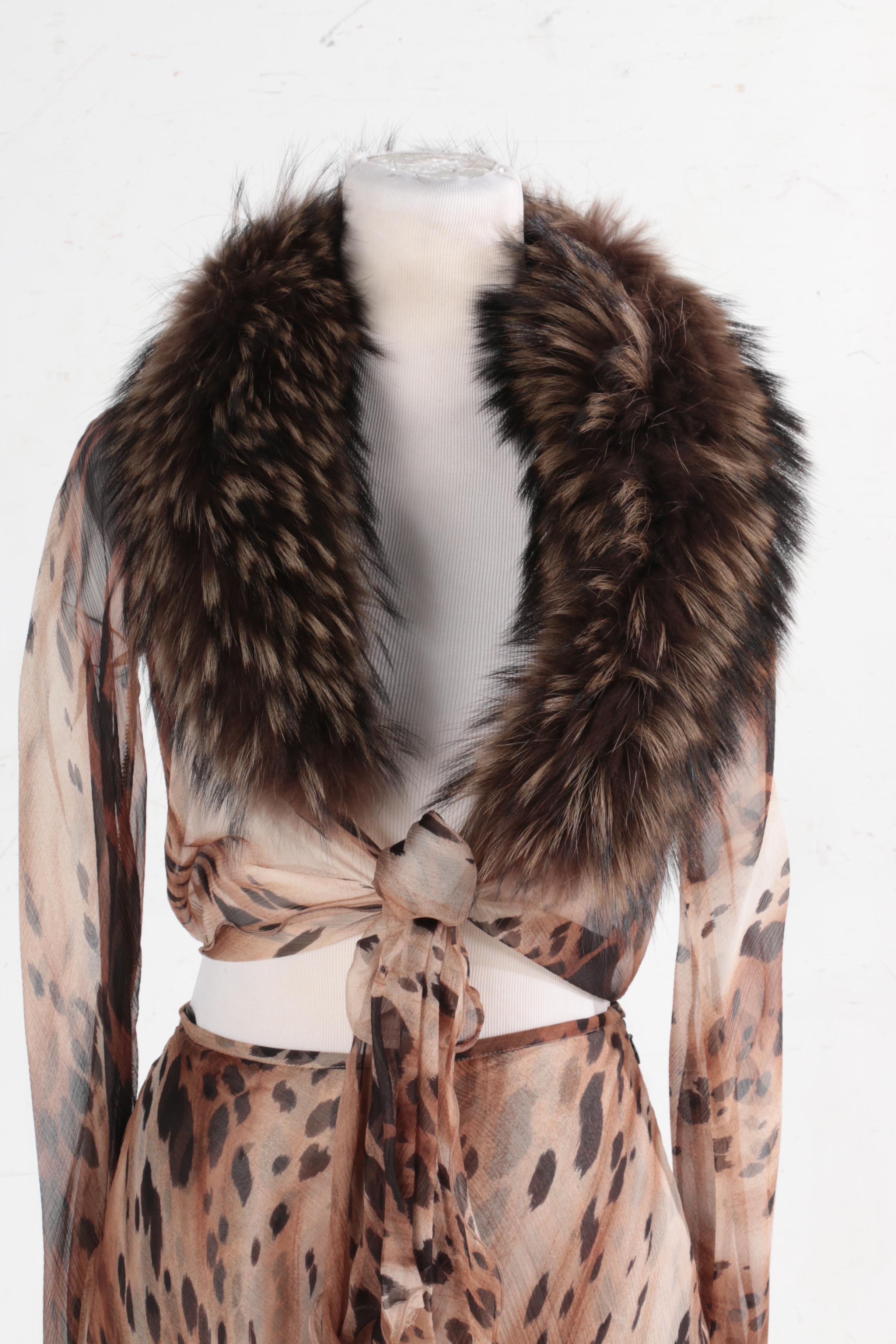 Jiki Monte Carlo Halter Top and Ensemble with a Raccoon Fur Collar