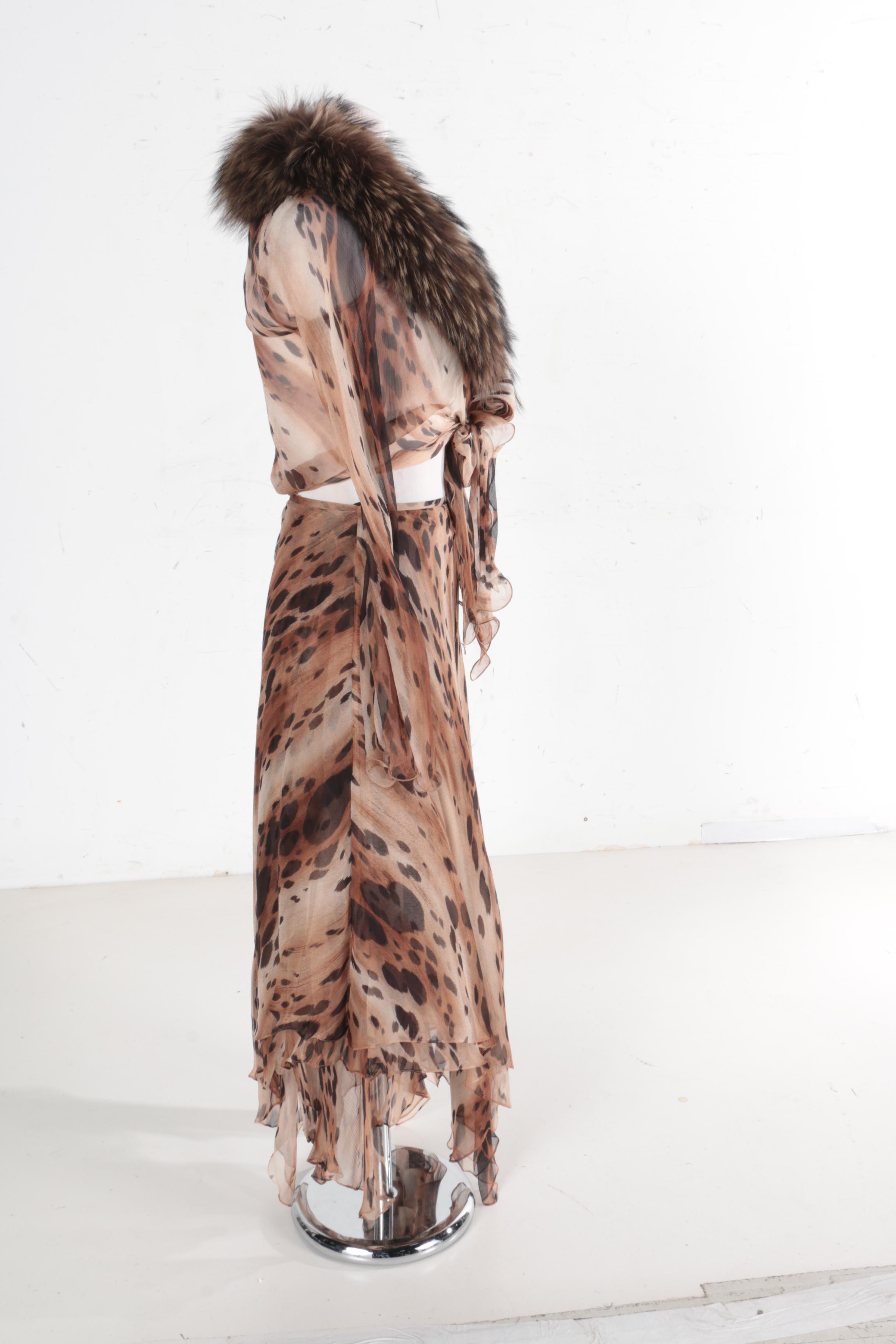 Jiki Monte Carlo Halter Top and Ensemble with a Raccoon Fur Collar