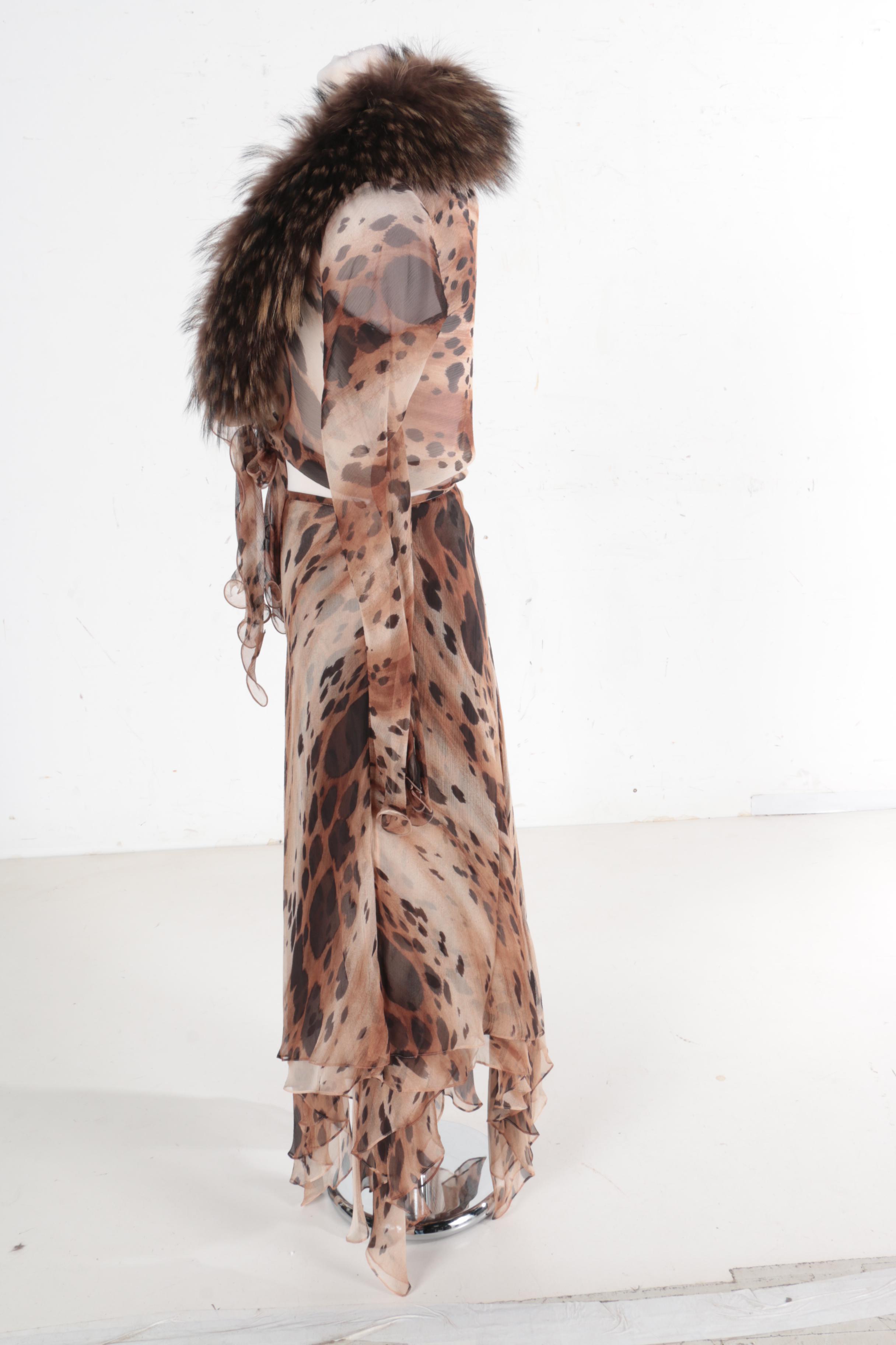 Jiki Monte Carlo Halter Top and Ensemble with a Raccoon Fur Collar