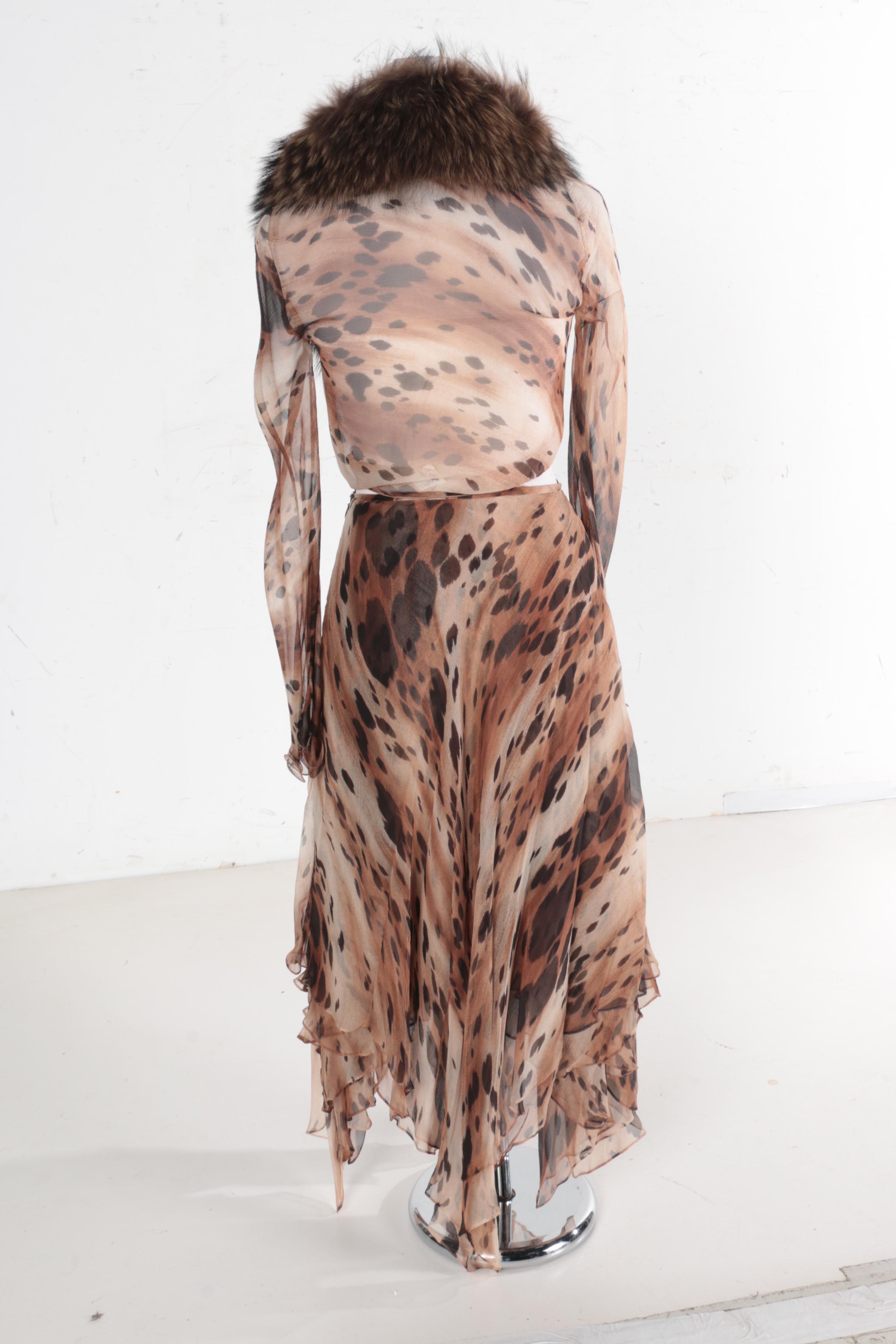 Jiki Monte Carlo Halter Top and Ensemble with a Raccoon Fur Collar