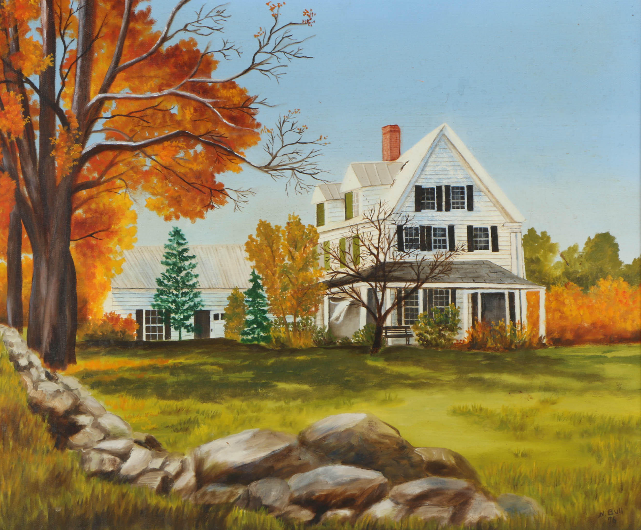 N. Bull Oil on Canvas Painting of a Farm House in Fall