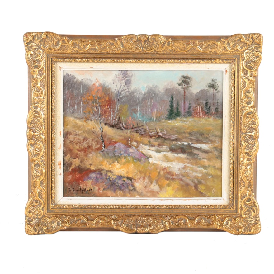 B. Brantzell Original 1952 Oil Painting on Canvas of Autumn Landscape