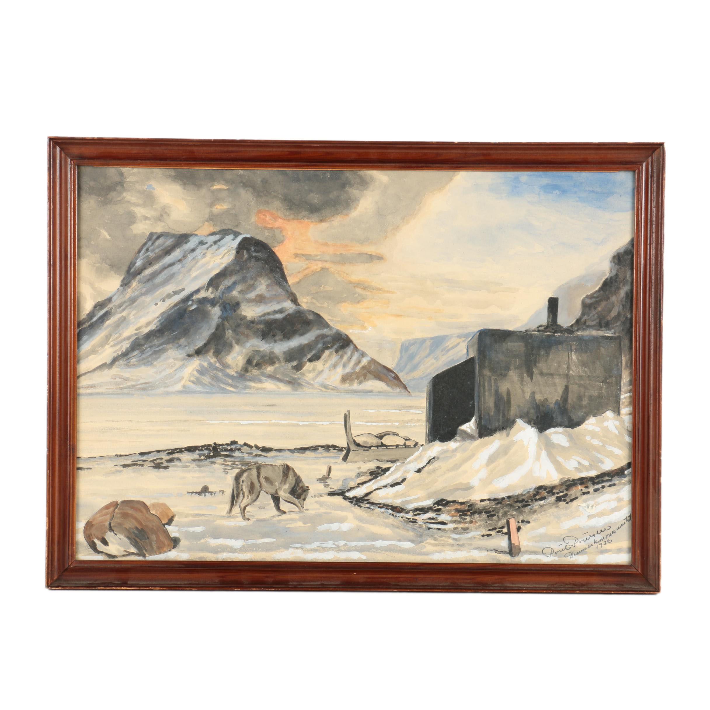 Poul Poulsen Watercolor and Gouache Painting of a Northern Outpost