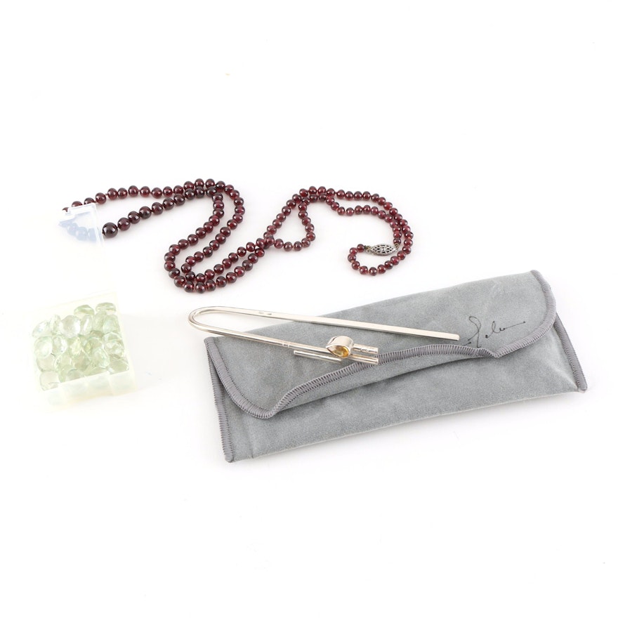 Sterling Silver Citrine Bookmark, Garnet Necklace and Loose Praseolite Beads