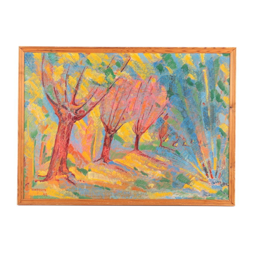 1952 Nordun Abstracted Oil Painting of Trees