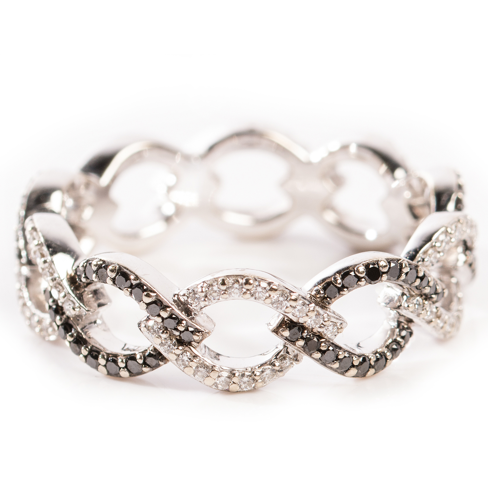 18K White Gold Interlocking Diamond and Black Diamond Ring