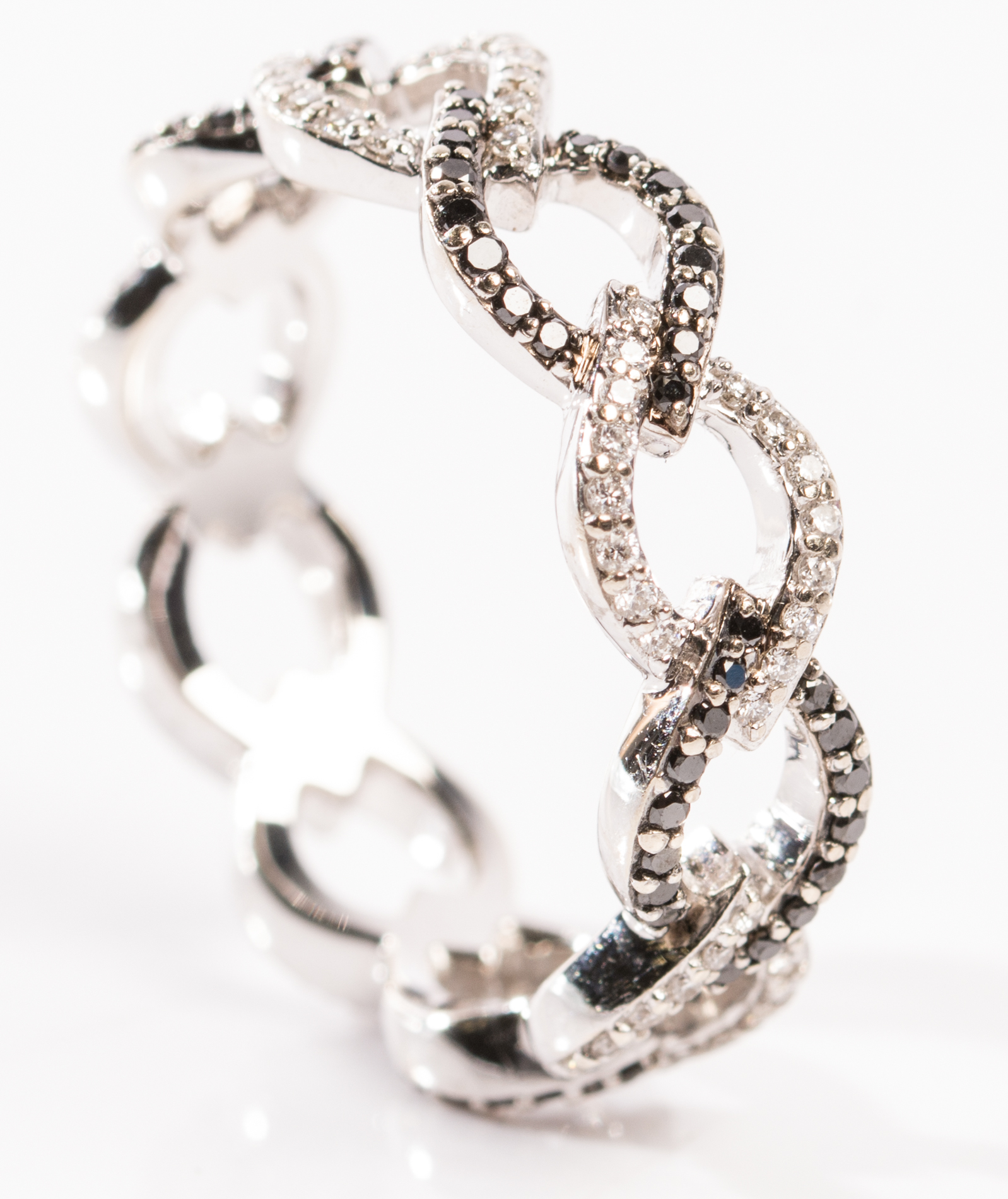 18K White Gold Interlocking Diamond and Black Diamond Ring