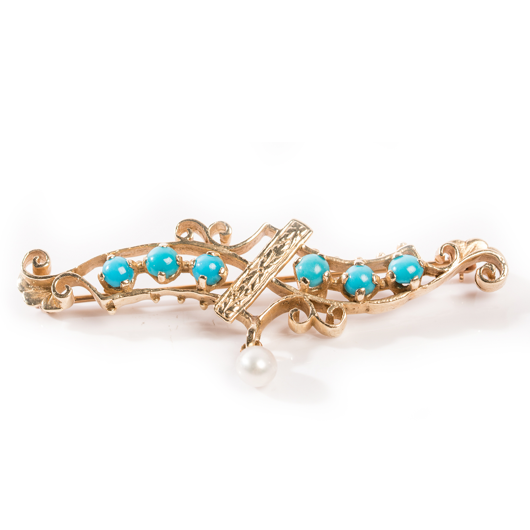 14K Yellow Gold Turquoise and Freshwater Pearl Brooch
